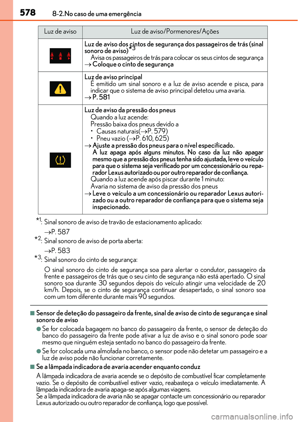 Lexus IS300h 2017 Manual do proprietário (in Portuguese) 5788-2.No caso de uma emergência
*1: Sinal sonoro de aviso de travão de estacionamento aplicado:
P. 587
*2: Sinal sonoro de aviso de porta aberta:
P. 583
*3: Sinal sonoro do cinto de seguranç Lexus IS300h 2017 Manual do proprietário (in Portuguese) 5788-2.No caso de uma emergência
*1: Sinal sonoro de aviso de travão de estacionamento aplicado:
P. 587
*2: Sinal sonoro de aviso de porta aberta:
P. 583
*3: Sinal sonoro do cinto de seguranç