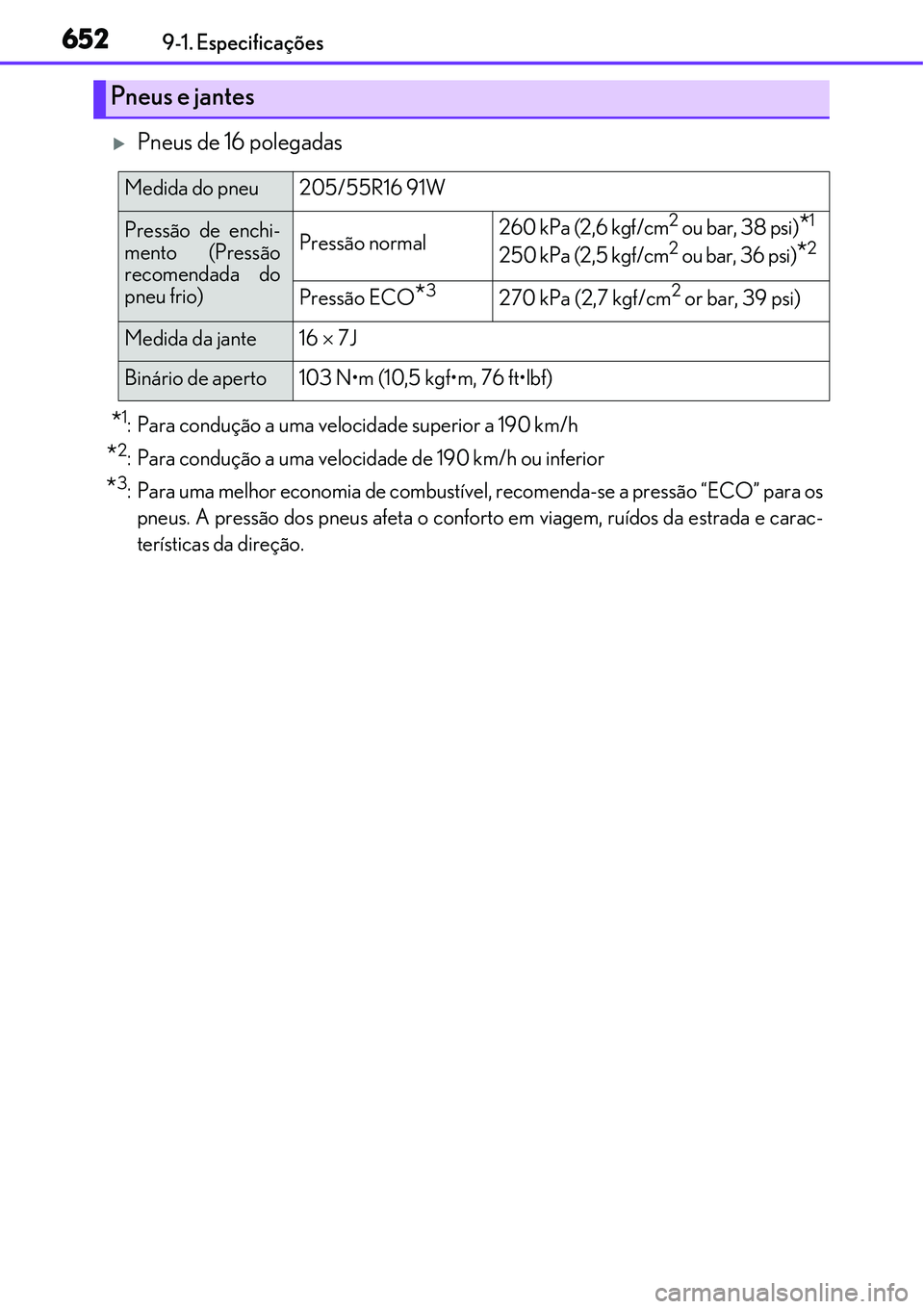 Lexus IS300h 2017 Manual do proprietário (in Portuguese) 6529-1. Especificações
Pneus de 16 polegadas
*1: Para condução a uma velocidade superior a 190 km/h
*2: Para condução a uma velocidade de 190 km/h ou inferior
*3: Para uma melhor economia de Lexus IS300h 2017 Manual do proprietário (in Portuguese) 6529-1. Especificações
Pneus de 16 polegadas
*1: Para condução a uma velocidade superior a 190 km/h
*2: Para condução a uma velocidade de 190 km/h ou inferior
*3: Para uma melhor economia de