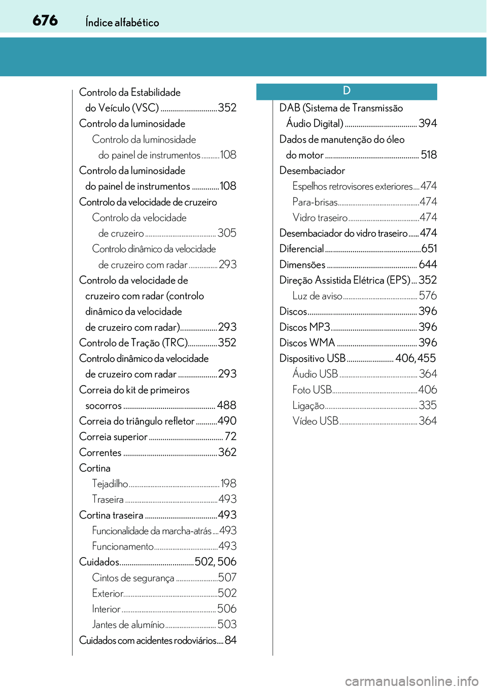 Lexus IS300h 2017 Manual do proprietário (in Portuguese) 676Índice alfabético
Controlo da Estabilidade
do Veículo (VSC) ............................. 352
Controlo da luminosidade
Controlo da luminosidade
do painel de instrumentos .......... 108
Control Lexus IS300h 2017 Manual do proprietário (in Portuguese) 676Índice alfabético
Controlo da Estabilidade
do Veículo (VSC) ............................. 352
Controlo da luminosidade
Controlo da luminosidade
do painel de instrumentos .......... 108
Control