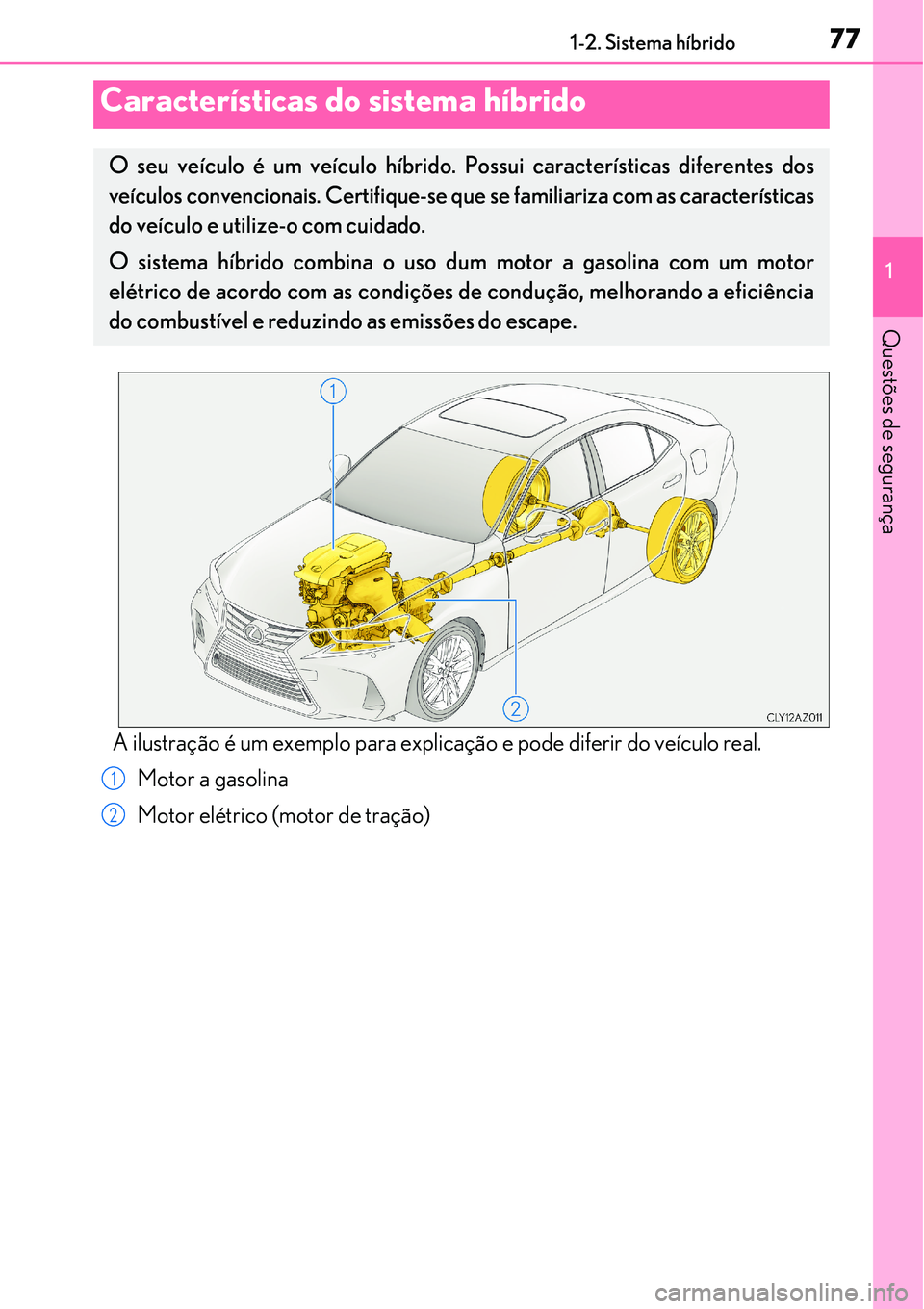 Lexus IS300h 2017 Manual do proprietário (in Portuguese) 77
1
Questões de segurança
1-2. Sistema híbrido
A ilustração é um exemplo para explicação e pode diferir do veículo real.
Motor a gasolina
Motor elétrico (motor de tração)
Características Lexus IS300h 2017 Manual do proprietário (in Portuguese) 77
1
Questões de segurança
1-2. Sistema híbrido
A ilustração é um exemplo para explicação e pode diferir do veículo real.
Motor a gasolina
Motor elétrico (motor de tração)
Características