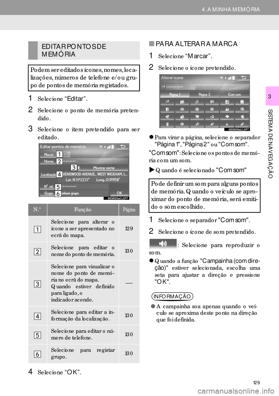 Lexus IS300h 2017 Manual de navegação (in Portuguese) 129
4. A MINHA MEMÓRIA
SISTEMA DE NAVEGAÇÃO
31Selecione“Editar”.
2Selecione o ponto de memória preten-
dido.
3Selecione o item pretendido para ser
editado.
4Selecione“OK”.
■PARA ALTERAR Lexus IS300h 2017 Manual de navegação (in Portuguese) 129
4. A MINHA MEMÓRIA
SISTEMA DE NAVEGAÇÃO
31Selecione“Editar”.
2Selecione o ponto de memória preten-
dido.
3Selecione o item pretendido para ser
editado.
4Selecione“OK”.
■PARA ALTERAR