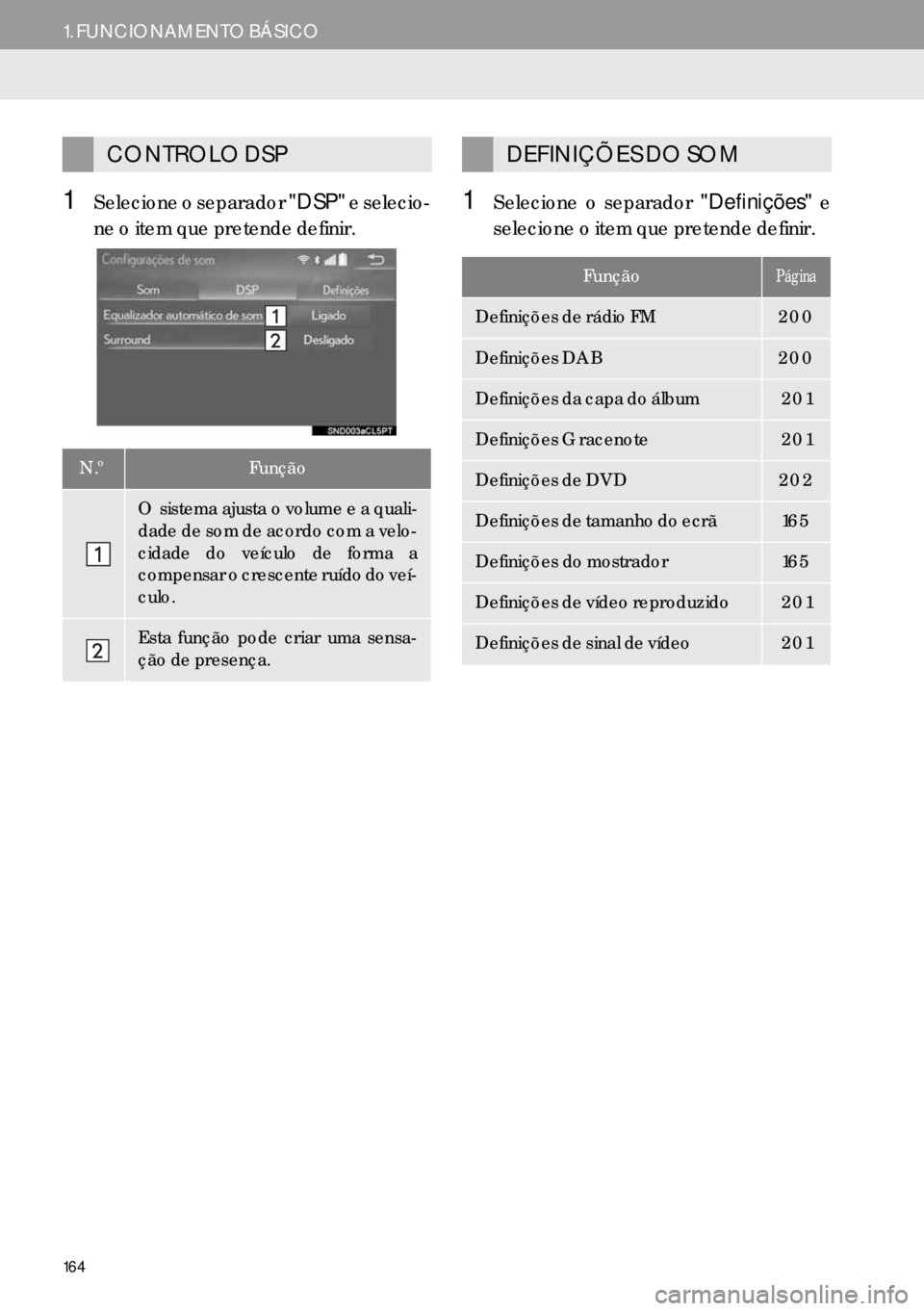 Lexus IS300h 2017  Manual de navegação (in Portuguese) 164
1. FUNCIONAMENTO BÁSICO
1Selecione o separador "DSP" e selecio-
ne o item que pretende definir.1Selecione o separador "Definições" e
selecione o item que pretende definir.
CONTROLO DSP
N.ºFun