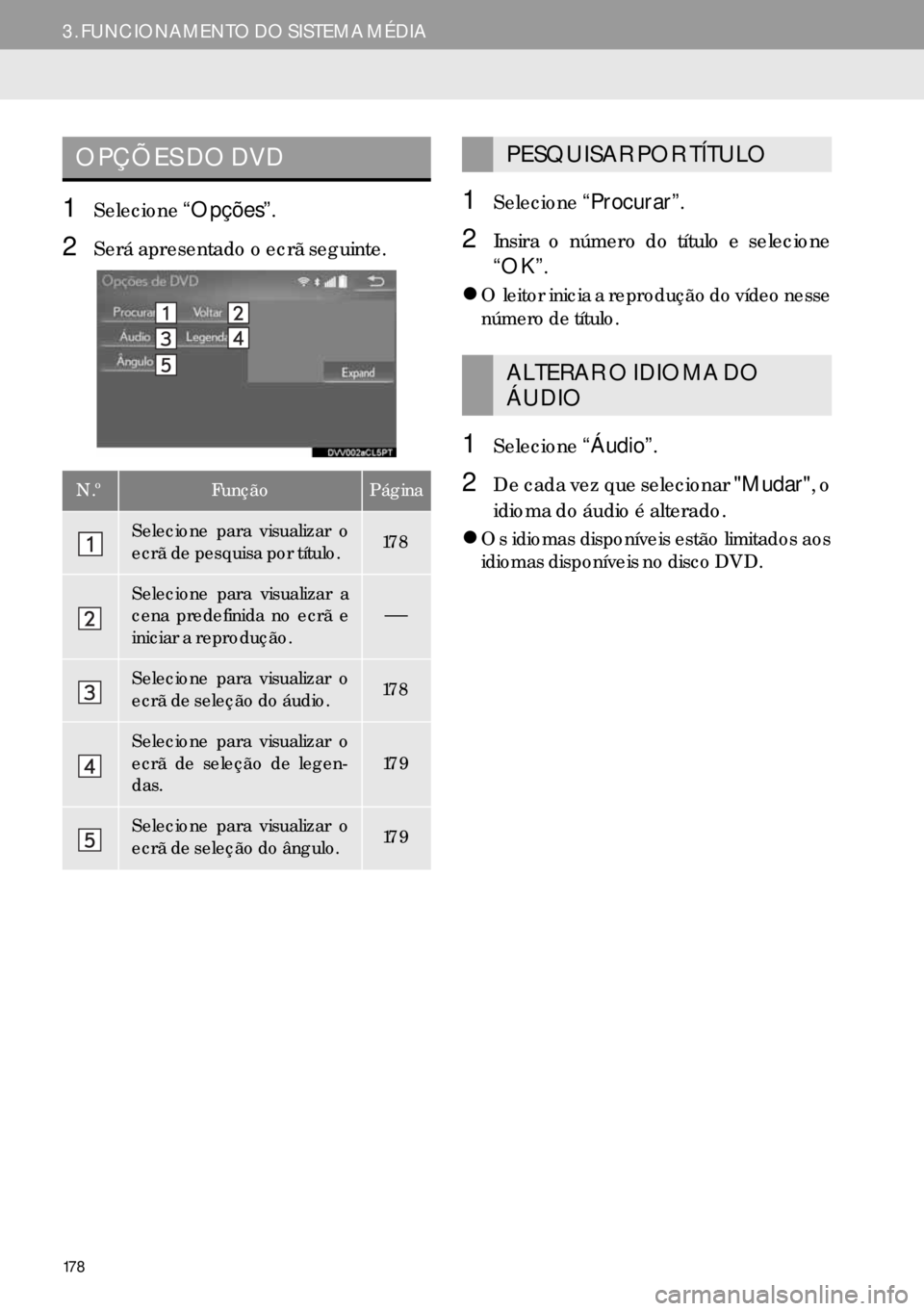 Lexus IS300h 2017  Manual de navegação (in Portuguese) 178
3. FUNCIONAMENTO DO SISTEMA MÉDIA
1Selecione“Opções”.
2Será apresentado o ecrã seguinte.
1Selecione“Procurar”.
2Insira o número do título e selecione
“OK”.
�zO leitor inicia a r