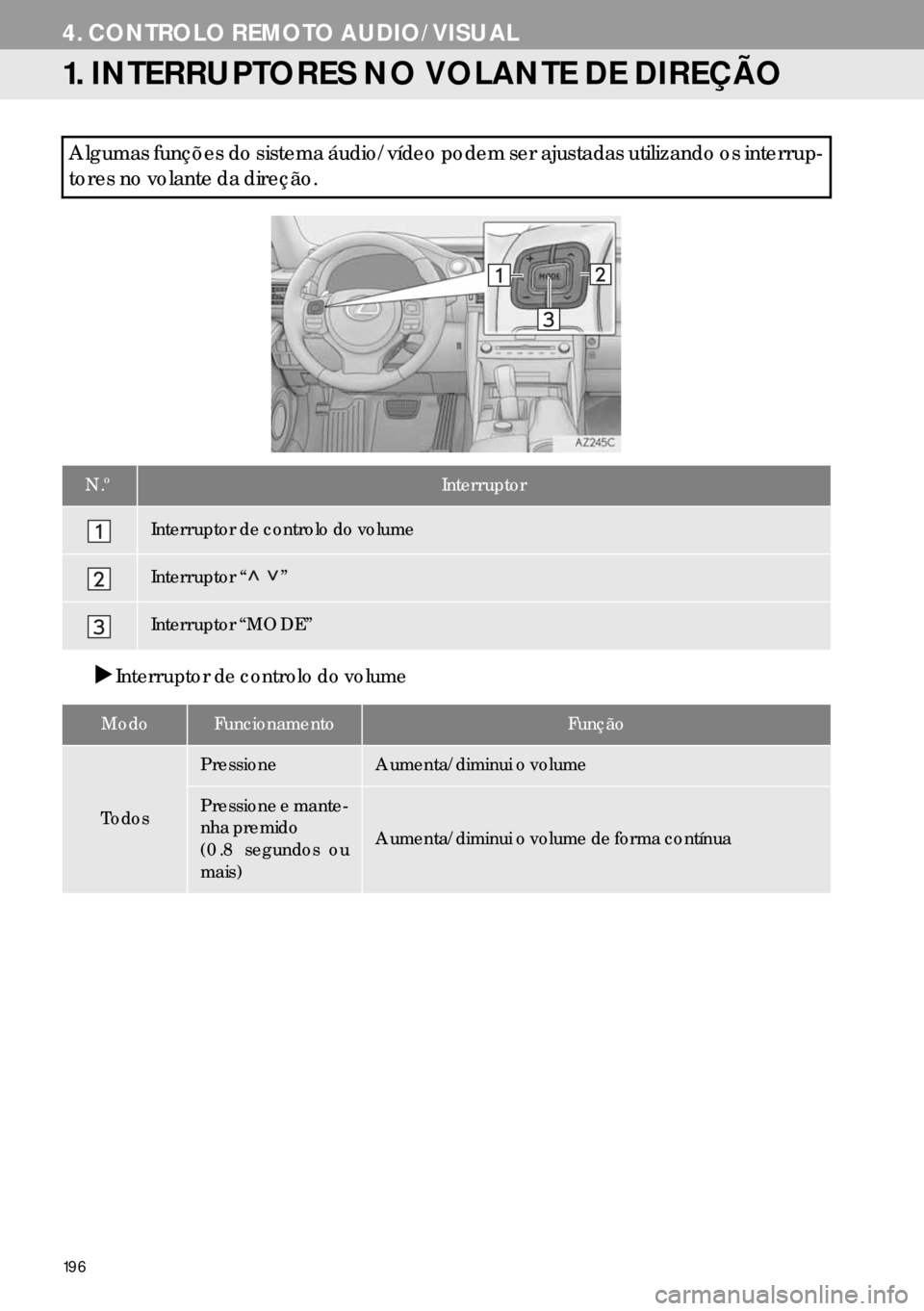 Lexus IS300h 2017  Manual de navegação (in Portuguese) 196
4. CONTROLO REMOTO AUDIO/VISUAL
1. INTERRUPTORES NO VOLANTE DE DIREÇÃO
�XInterruptor de controlo do volume
Algumas funções do sistema áudio/vídeo podem ser ajustadas utilizando os interrup-
