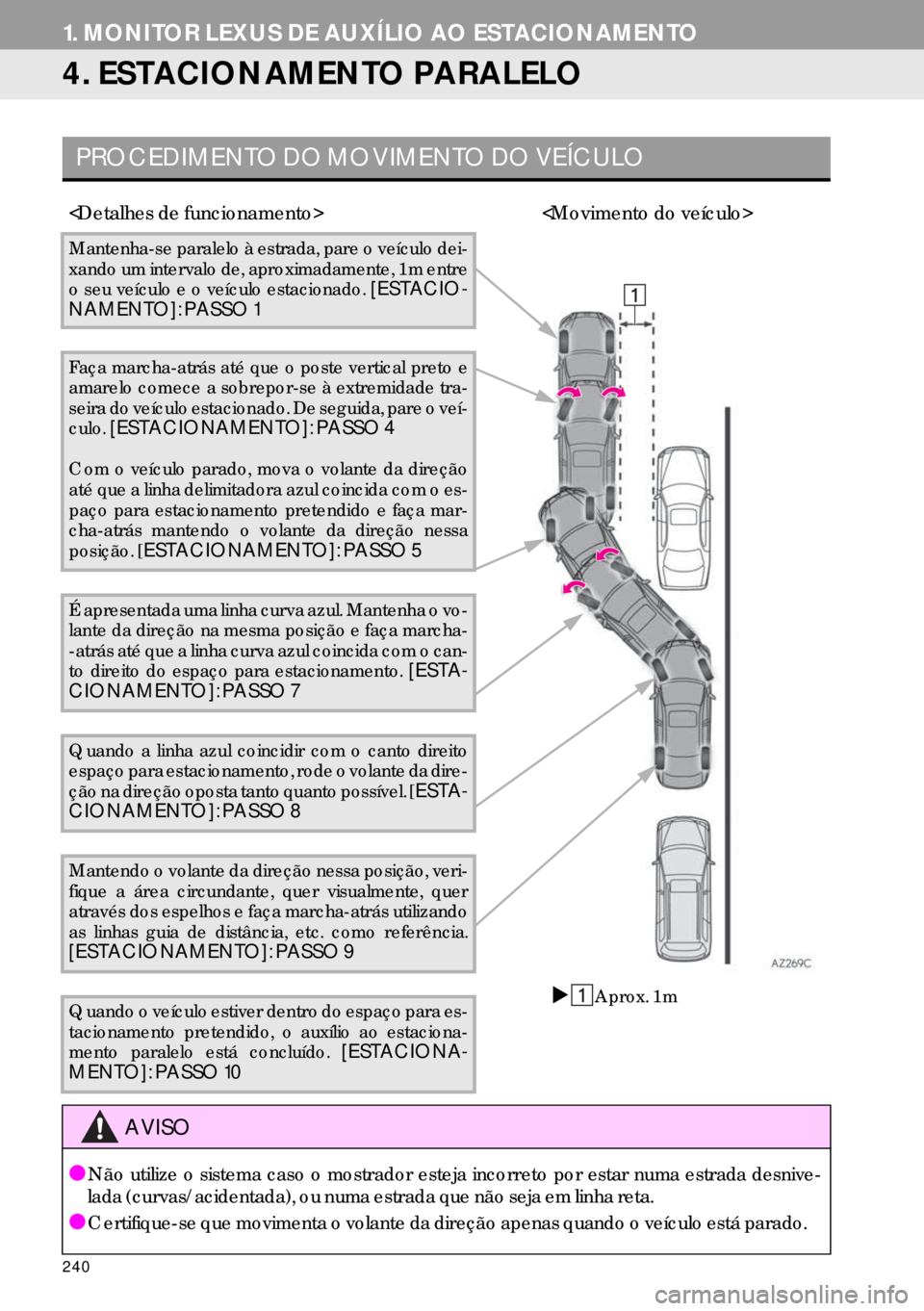 Lexus IS300h 2017 Manual de navegação (in Portuguese) 240
1. MONITOR LEXUS DE AUXÍLIO AO ESTACIONAMENTO
4. ESTACIONAMENTO PARALELO
PROCEDIMENTO DO MOVIMENTO DO VEÍCULO
<Detalhes de funcionamento> <Movimento do veículo>
Mantenha-se paralelo à estrada, Lexus IS300h 2017 Manual de navegação (in Portuguese) 240
1. MONITOR LEXUS DE AUXÍLIO AO ESTACIONAMENTO
4. ESTACIONAMENTO PARALELO
PROCEDIMENTO DO MOVIMENTO DO VEÍCULO
<Detalhes de funcionamento> <Movimento do veículo>
Mantenha-se paralelo à estrada,