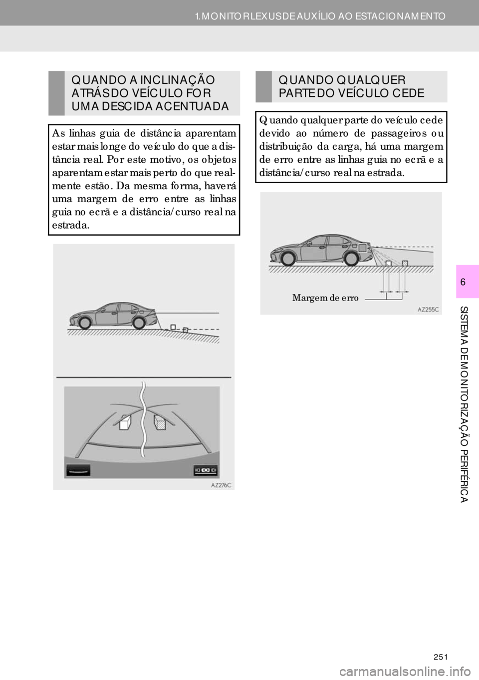 Lexus IS300h 2017  Manual de navegação (in Portuguese) 251
1. MONITOR LEXUS DE AUXÍLIO AO ESTACIONAMENTO
SISTEMA DE MONITORIZAÇÃO PERIFÉRICA
6
QUANDO A INCLINAÇÃO 
ATRÁS DO VEÍCULO FOR 
UMA DESCIDA ACENTUADA
As linhas guia de distância aparentam
