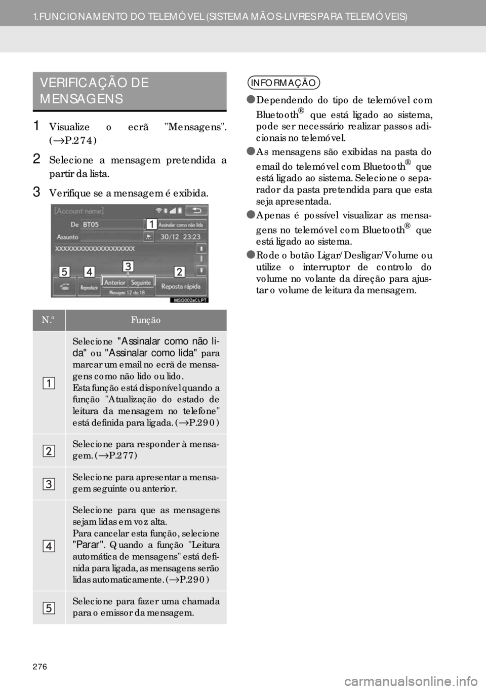 Lexus IS300h 2017 Manual de navegação (in Portuguese) 276
1.FUNCIONAMENTO DO TELEMÓVEL (SISTEMA MÃOS-LIVRES PARA TELEMÓVEIS)
1Visualize o ecrã "Mensagens".
(→P.274)
2Selecione a mensagem pretendida a
partir da lista.
3Verifique se a mensagem é exi Lexus IS300h 2017 Manual de navegação (in Portuguese) 276
1.FUNCIONAMENTO DO TELEMÓVEL (SISTEMA MÃOS-LIVRES PARA TELEMÓVEIS)
1Visualize o ecrã "Mensagens".
(→P.274)
2Selecione a mensagem pretendida a
partir da lista.
3Verifique se a mensagem é exi