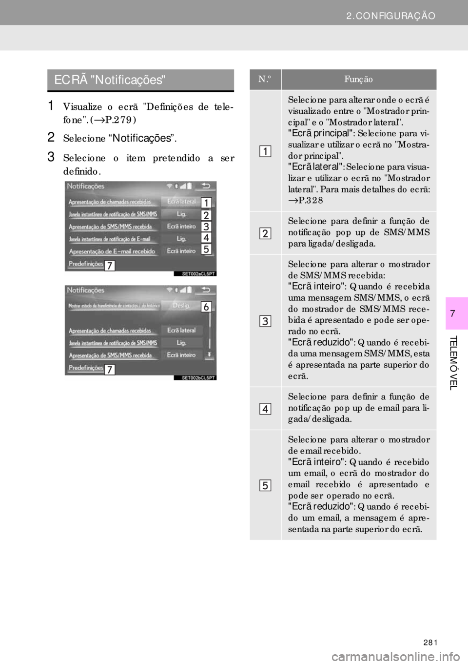 Lexus IS300h 2017 Manual de navegação (in Portuguese) 281
2. CONFIGURAÇÃO
TELEMÓVEL
7
1Visualize o ecrã "Definições de tele-
fone". (→P.279)
2Selecione“Notificações”.
3Selecione o item pretendido a ser
definido.
ECRÃ "Notificações"N.ºFu Lexus IS300h 2017 Manual de navegação (in Portuguese) 281
2. CONFIGURAÇÃO
TELEMÓVEL
7
1Visualize o ecrã "Definições de tele-
fone". (→P.279)
2Selecione“Notificações”.
3Selecione o item pretendido a ser
definido.
ECRÃ "Notificações"N.ºFu