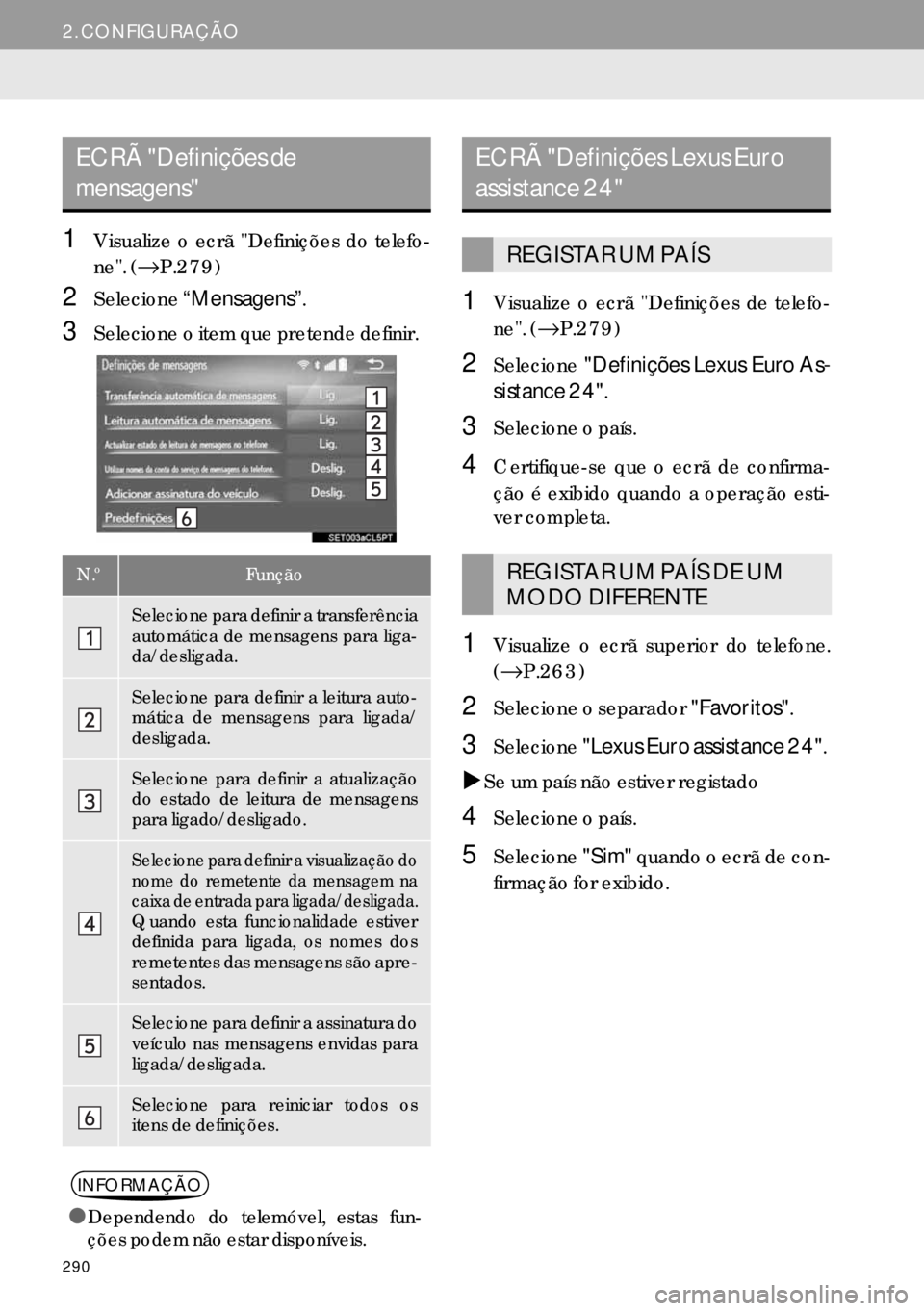 Lexus IS300h 2017 Manual de navegação (in Portuguese) 290
2. CONFIGURAÇÃO
1Visualize o ecrã "Definições do telefo-
ne". (→P.279)
2Selecione“Mensagens”.
3Selecione o item que pretende definir.
1Visualize o ecrã "Definições de telefo-
ne". ( Lexus IS300h 2017 Manual de navegação (in Portuguese) 290
2. CONFIGURAÇÃO
1Visualize o ecrã "Definições do telefo-
ne". (→P.279)
2Selecione“Mensagens”.
3Selecione o item que pretende definir.
1Visualize o ecrã "Definições de telefo-
ne". (