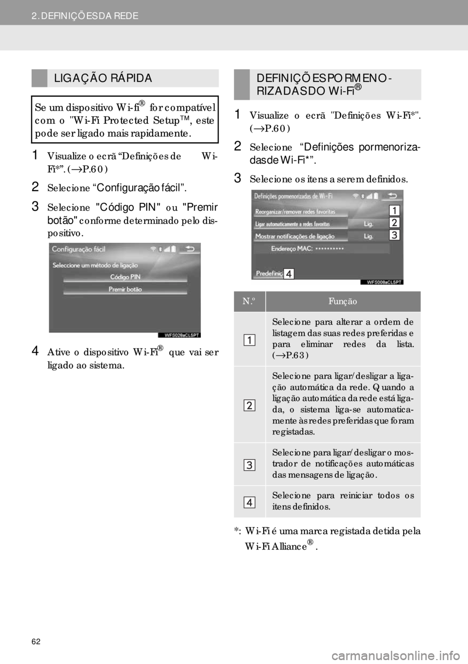 Lexus IS300h 2017  Manual de navegação (in Portuguese) 62
2. DEFINIÇÕES DA REDE
1Visualize o ecrã “Definições de          Wi-
Fi*”. (→P.60)
2Selecione“Configuração fácil”.
3Selecione"Código PIN" ou "Premir
botão" conforme determinado p