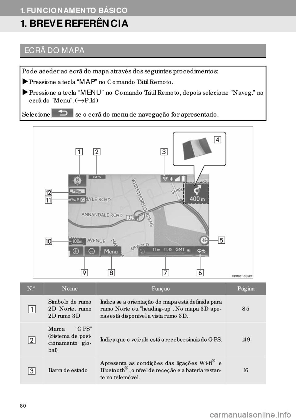 Lexus IS300h 2017  Manual de navegação (in Portuguese) 80
1. FUNCIONAMENTO BÁSICO
1. BREVE REFERÊNCIA
ECRÃ DO MAPA
Pode aceder ao ecrã do mapa através dos seguintes procedimentos:
�XPressione a tecla “MAP” no Comando Tátil Remoto.
�XPressione a 