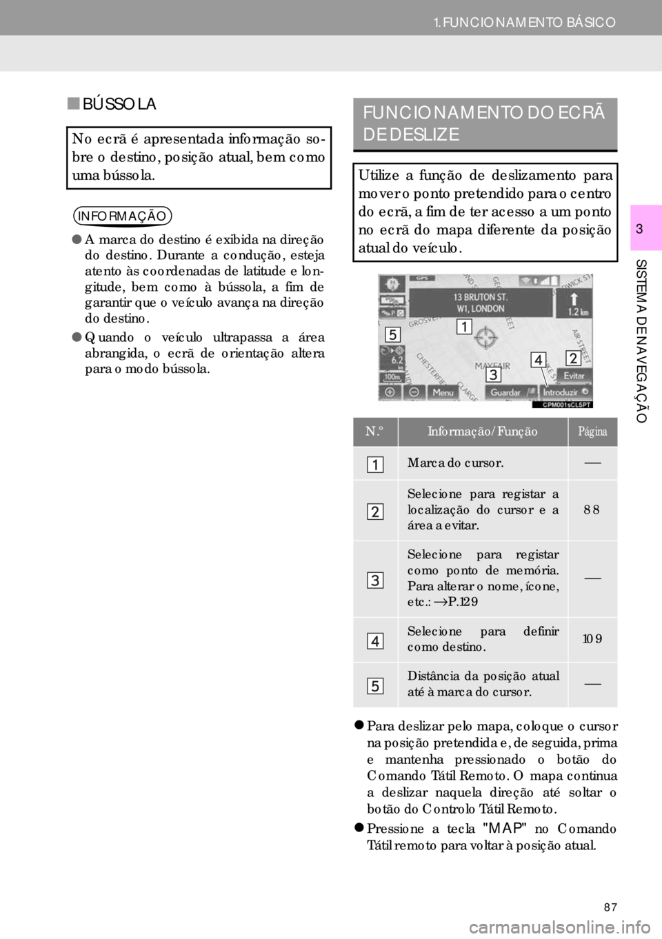 Lexus IS300h 2017  Manual de navegação (in Portuguese) 87
1. FUNCIONAMENTO BÁSICO
SISTEMA DE NAVEGAÇÃO
3
■BÚSSOLA
�zPara deslizar pelo mapa, coloque o cursor
na posição pretendida e, de seguida, prima
e mantenha pressionado o botão do
Comando Tá