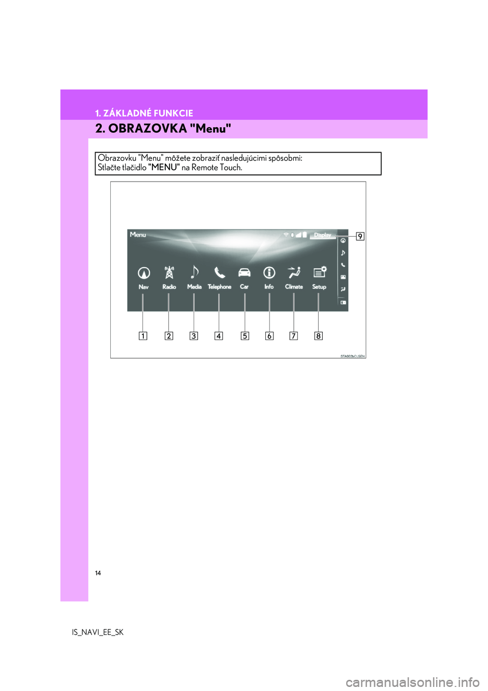 Lexus IS300h 2017  Navigácia manuálna (in Slovak) 14
1. ZÁKLADNÉ FUNKCIE
IS_NAVI_EE_SK
2. OBRAZOVKA "Menu"
Obrazovku "Menu" môžete zobraziť nasledujúcimi spôsobmi:  
Stlačte tlačidlo  "MENU" na Remote Touch. 