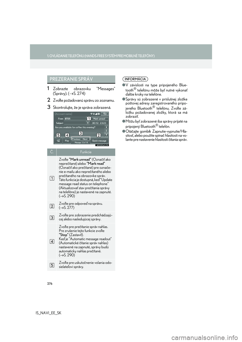 Lexus IS300h 2017  Navigácia manuálna (in Slovak) 276
1. OVLÁDANIE TELEFÓNU (HANDS-FREE SYSTÉM PRE MOBILNÉ TELEFÓNY)
IS_NAVI_EE_SK
1Zobrazte obrazovku "Messages" 
(Správy). ( S. 274)
2Zvoľte požadovanú správu zo zoznamu.
3Skontro