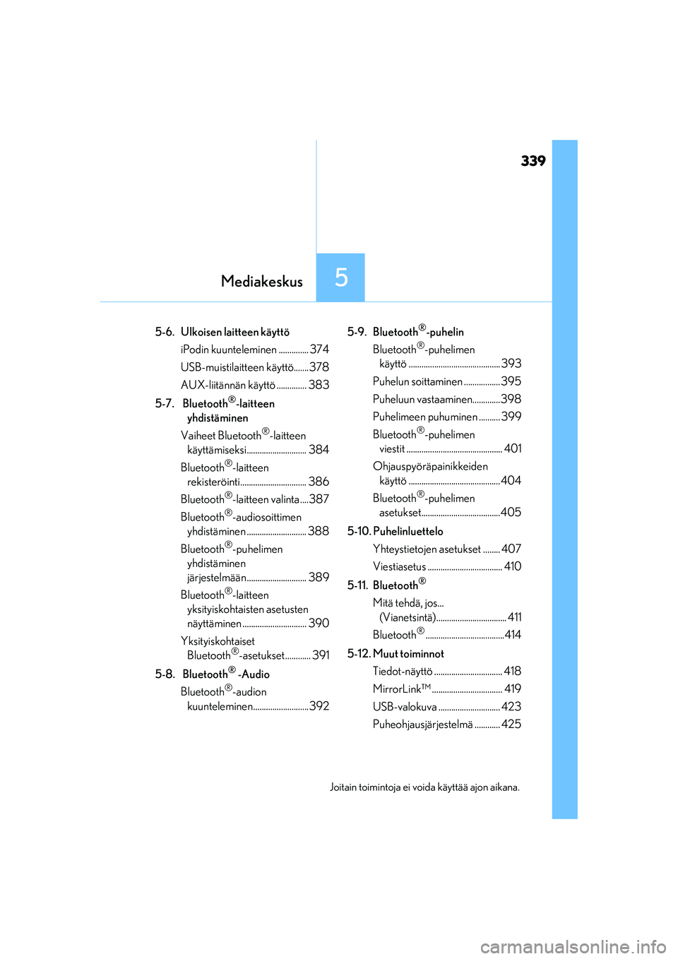 Lexus IS300h 2017  Omistajan käsikirja (in Finnish) 339
5Mediakeskus
OM53D89FI
5-6. Ulkoisen laitteen käyttöiPodin kuunteleminen .............. 374
USB-muistilaitteen käyttö.......378
AUX-liitännän käyttö .............. 383
5-7.  Bluetooth
®-l