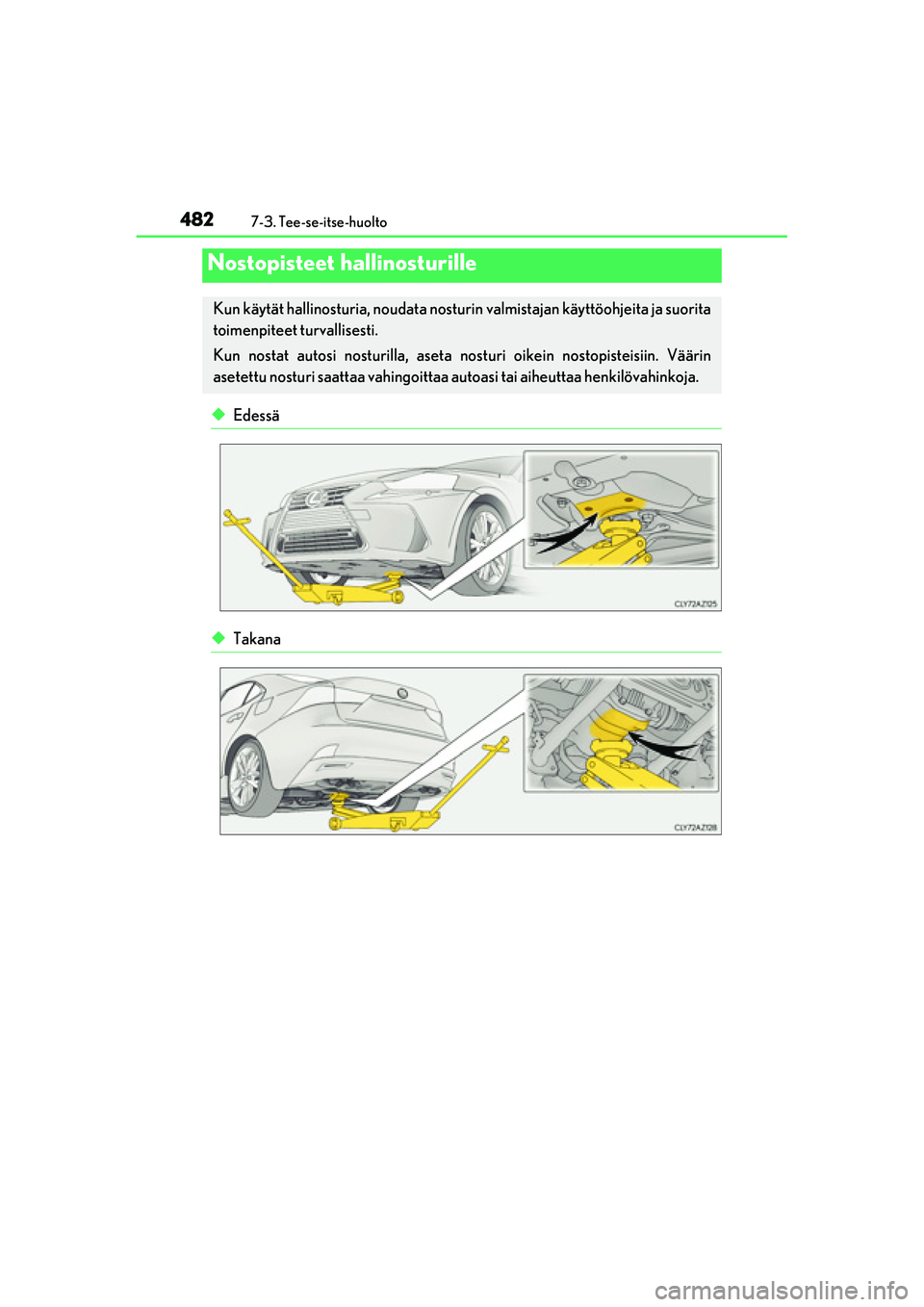 Lexus IS300h 2017 Omistajan käsikirja (in Finnish) 4827-3. Tee-se-itse-huolto
OM53D89FI
◆Edessä
◆Takana
Nostopisteet hallinosturille
Kun käytät hallinosturia, noudata nosturin valmistajan käyttöohjeita ja suorita
toimenpiteet turvallisesti.
K Lexus IS300h 2017 Omistajan käsikirja (in Finnish) 4827-3. Tee-se-itse-huolto
OM53D89FI
◆Edessä
◆Takana
Nostopisteet hallinosturille
Kun käytät hallinosturia, noudata nosturin valmistajan käyttöohjeita ja suorita
toimenpiteet turvallisesti.
K