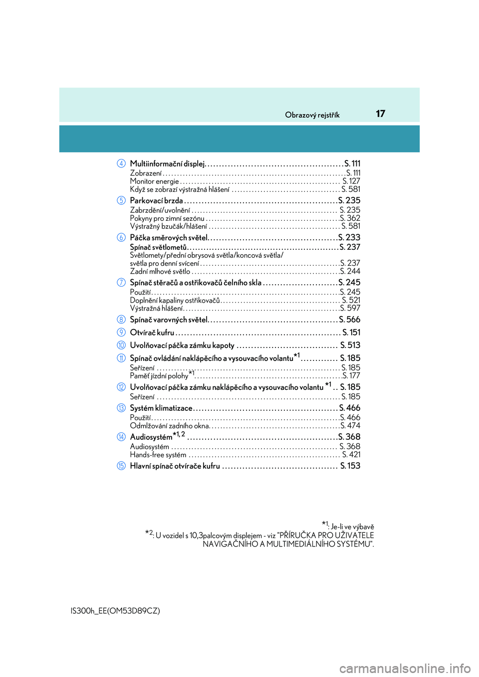 Lexus IS300h 2017  Návod k obsluze (in Czech) 17Obrazový rejstřík
IS300h_EE(OM53D89CZ)
Multiinformační displej. . . . . . . . . . . . . . . . . . . . . . . . . . . . . . . . . . . . . . . . . . . . . . . . S. 111
Zobrazení . . . . . . . . .
