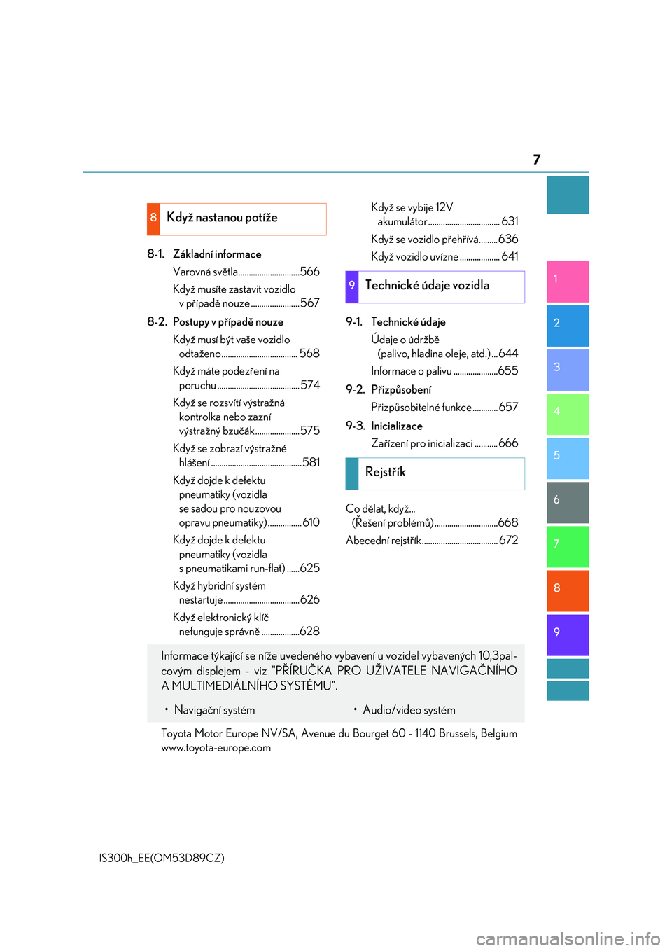 Lexus IS300h 2017  Návod k obsluze (in Czech) 7
1
9 8
7
6 4 3
2
IS300h_EE(OM53D89CZ)
5
8-1. Základní informace
Varovná světla.............................566
Když musíte zastavit vozidlo 
v případě nouze ....................... 567
8-2. 