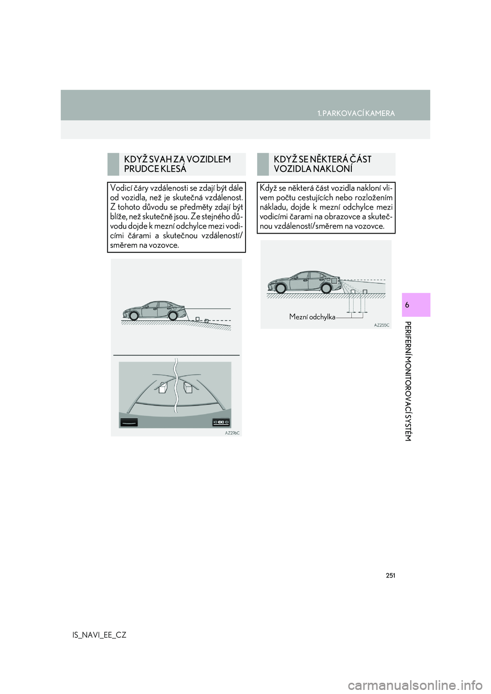 Lexus IS300h 2017 Navigace manuální (in Czech) 251
1. PARKOVACÍ KAMERA
PERIFERNÍ MONITOROVACÍ SYSTÉM
IS_NAVI_EE_CZ
6
KDYŽ SVAH ZA VOZIDLEM
PRUDCE KLESÁ
Vodicí čáry vzdálenosti se zdají být dále
od vozidla, než je skutečná vzdá Lexus IS300h 2017 Navigace manuální (in Czech) 251
1. PARKOVACÍ KAMERA
PERIFERNÍ MONITOROVACÍ SYSTÉM
IS_NAVI_EE_CZ
6
KDYŽ SVAH ZA VOZIDLEM
PRUDCE KLESÁ
Vodicí čáry vzdálenosti se zdají být dále
od vozidla, než je skutečná vzdá