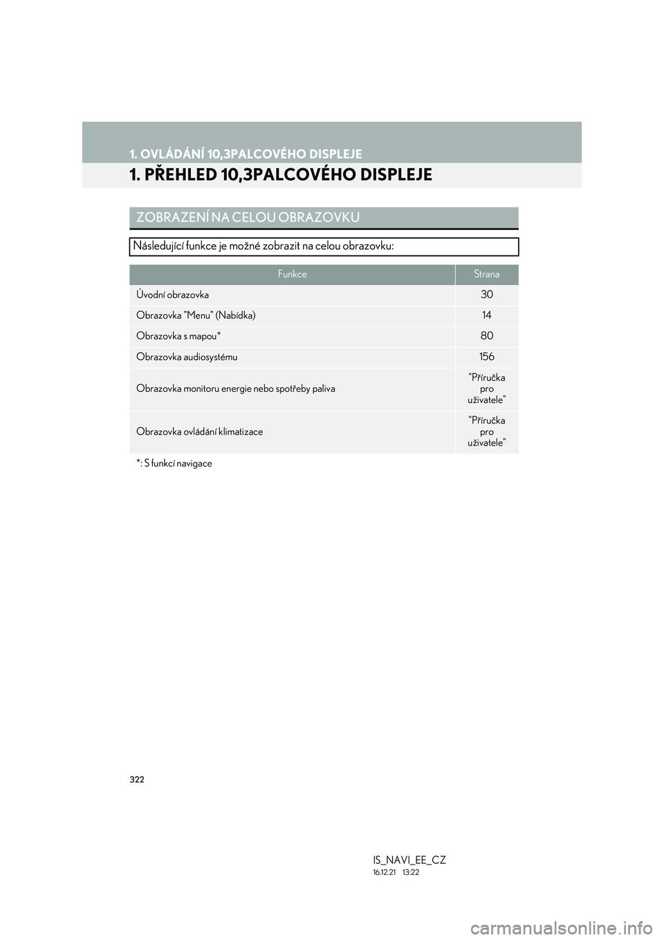 Lexus IS300h 2017  Navigace manuální (in Czech) 322
IS_NAVI_EE_CZ
16.12.21     13:22
1. OVLÁDÁNÍ 10,3PALCOVÉHO DISPLEJE
1. PŘEHLED 10,3PALCOVÉHO DISPLEJE
ZOBRAZENÍ NA CELOU OBRAZOVKU
Následující funkce je možné zobrazit na celou obrazov