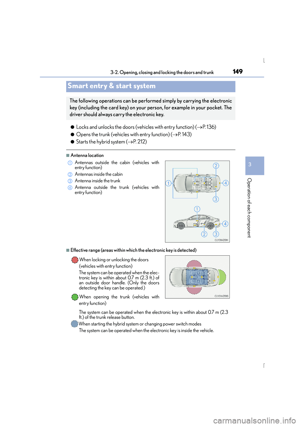 Lexus IS300h 2016 Owners Manual 1493-2. Opening, closing and locking the doors and trunk
3
Operation of each component
IS300h_EE(OM53D56E)
●Locks and unlocks the doors (vehicles with entry function) (→P. 136)
●Opens the trunk Lexus IS300h 2016 Owners Manual 1493-2. Opening, closing and locking the doors and trunk
3
Operation of each component
IS300h_EE(OM53D56E)
●Locks and unlocks the doors (vehicles with entry function) (→P. 136)
●Opens the trunk
