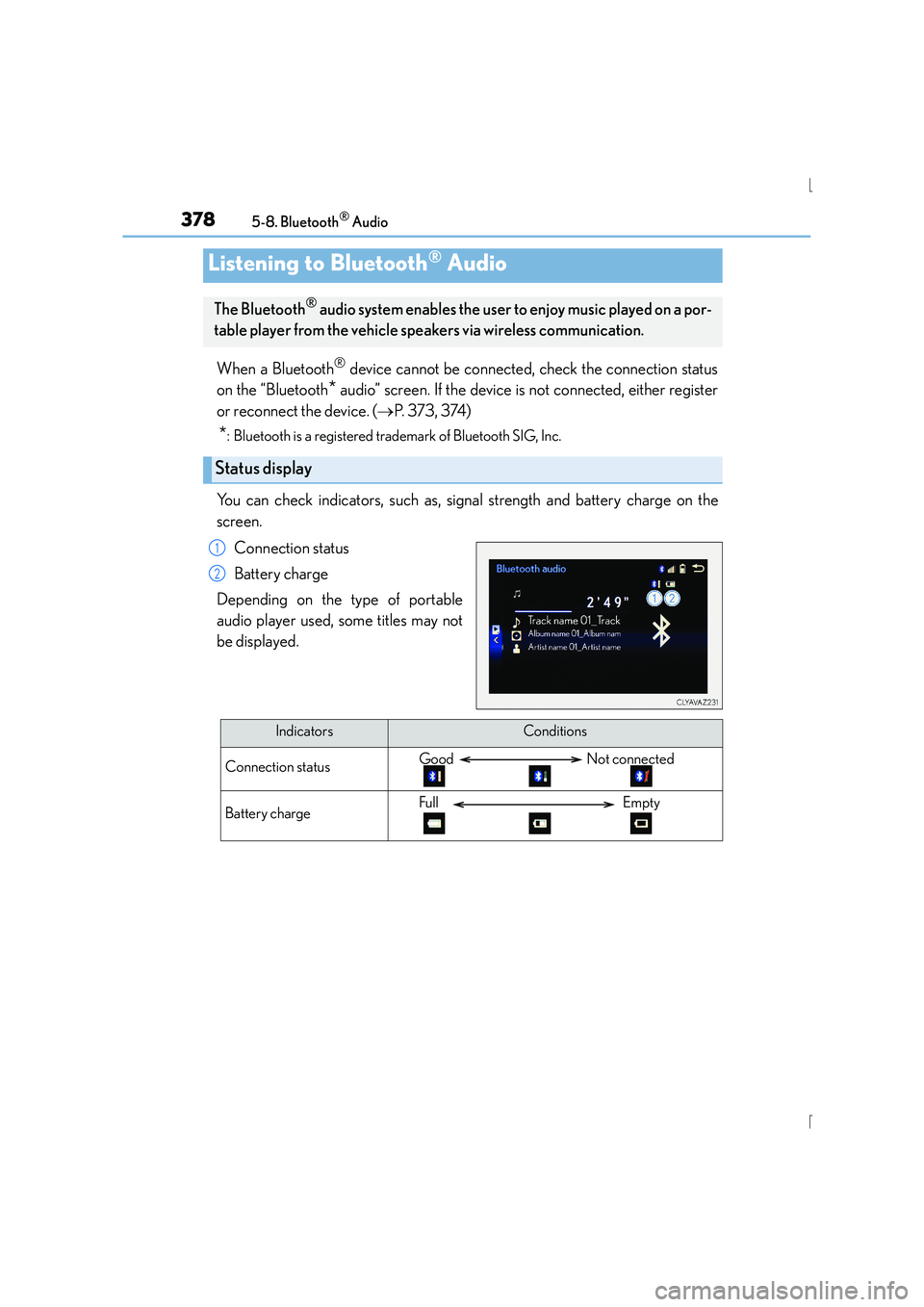 Lexus IS300h 2016 Owners Guide 378
IS300h_EE(OM53D56E)5-8. Bluetooth
® Audio
When a Bluetooth® device cannot be connected, check the connection status
on the “Bluetooth
* audio” screen. If the device is not connected, either 