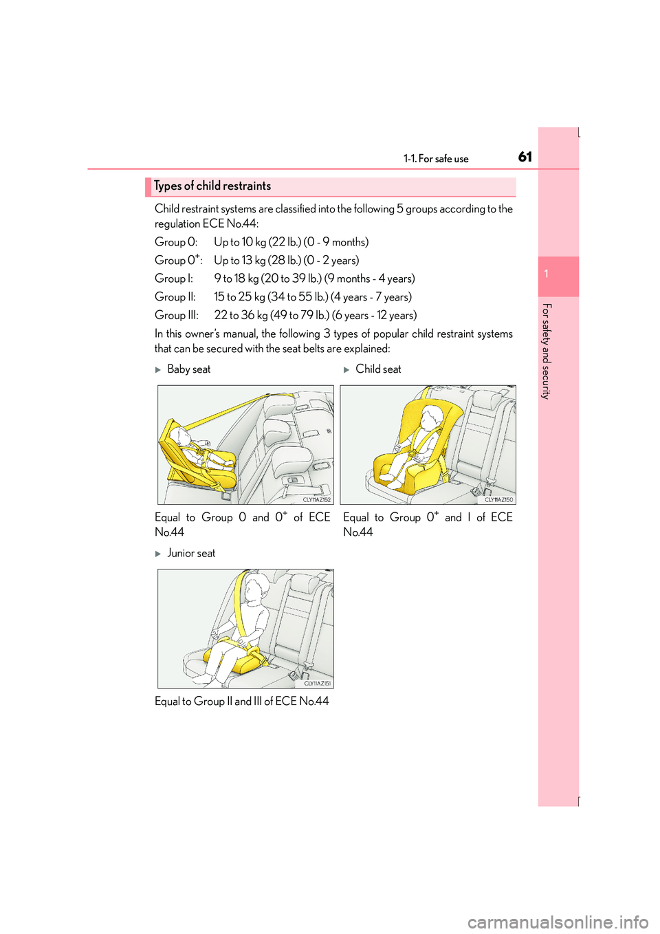 Lexus IS300h 2016 Repair Manual 611-1. For safe use
1
For safety and security
IS300h_EE(OM53D56E)
Child restraint systems are classified into the following 5 groups according to the
regulation ECE No.44:
Group 0: Up to 10 kg (22 lb. Lexus IS300h 2016 Repair Manual 611-1. For safe use
1
For safety and security
IS300h_EE(OM53D56E)
Child restraint systems are classified into the following 5 groups according to the
regulation ECE No.44:
Group 0: Up to 10 kg (22 lb.