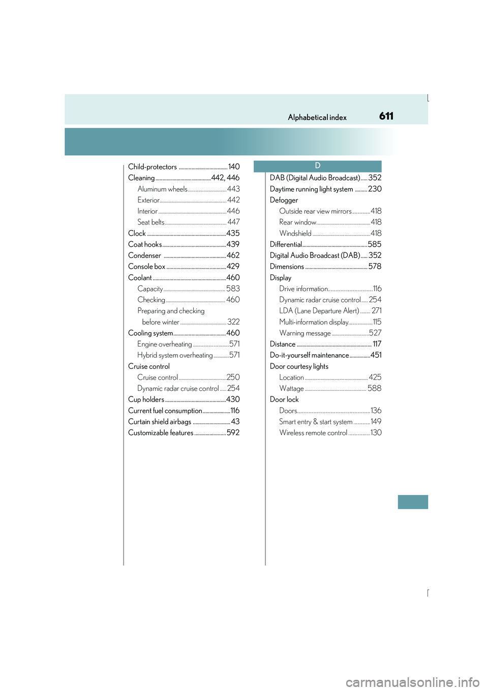 Lexus IS300h 2016  Owners Manual 611Alphabetical index
IS300h_EE(OM53D56E)
Child-protectors ................................... 140
Cleaning ........................................442, 446Aluminum wheels ............................
