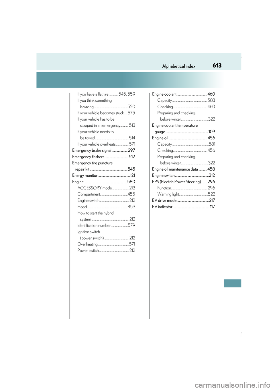 Lexus IS300h 2016 Owners Manual 613Alphabetical index
IS300h_EE(OM53D56E)
If you have a flat tire ............. 545, 559
If you think something is wrong...............................................520
If your vehicle becomes stuck Lexus IS300h 2016 Owners Manual 613Alphabetical index
IS300h_EE(OM53D56E)
If you have a flat tire ............. 545, 559
If you think something is wrong...............................................520
If your vehicle becomes stuck