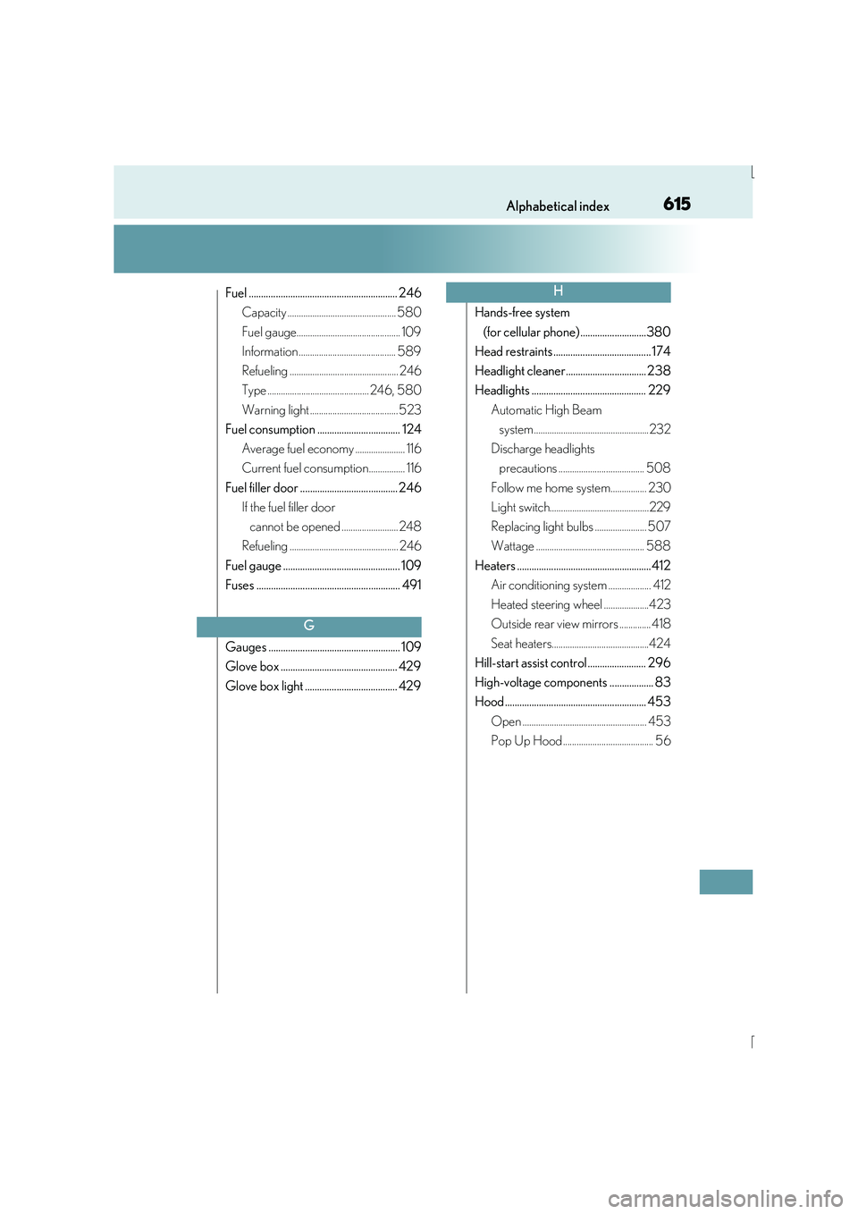 Lexus IS300h 2016  Owners Manual 615Alphabetical index
IS300h_EE(OM53D56E)
Fuel ............................................................. 246Capacity ................................................ 580
Fuel gauge................