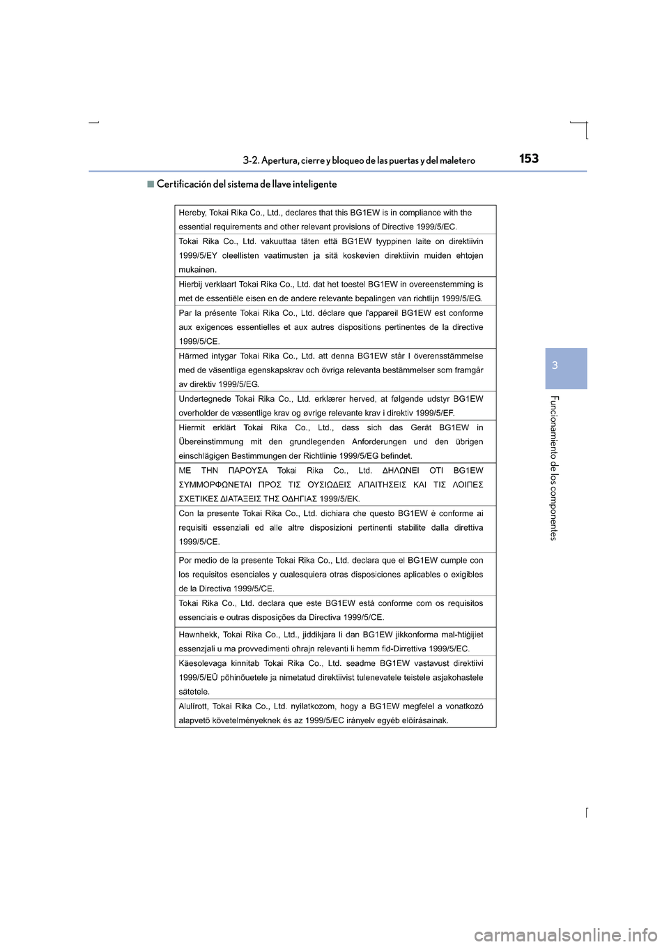 Lexus IS300h 2016  Manual del propietario (in Spanish) 1533-2. Apertura, cierre y bloqueo de las puertas y del maletero
3
Funcionamiento de los componentes
IS300h_ES(OM53D59S)
■Certificación del sistema de llave inteligente 