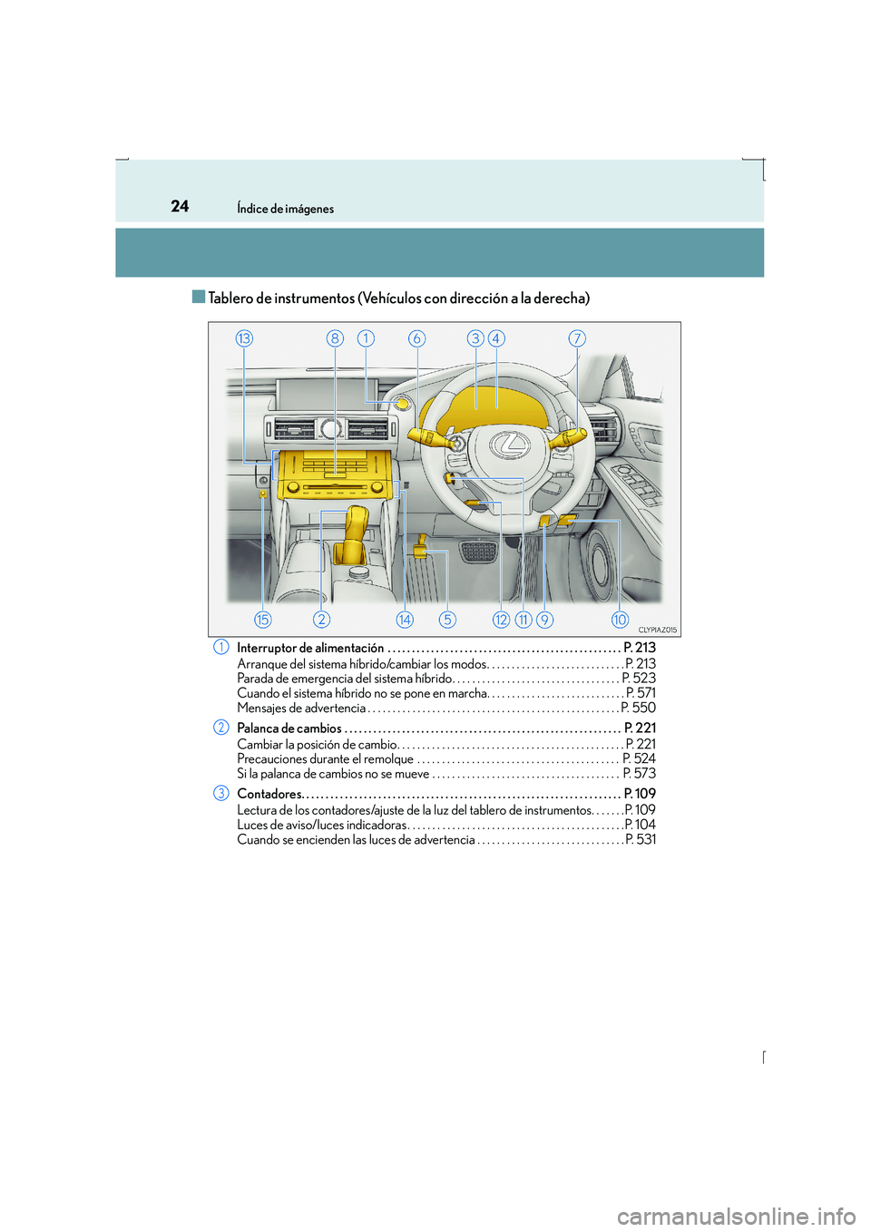 Lexus IS300h 2016  Manual del propietario (in Spanish) 24Índice de imágenes
IS300h_ES(OM53D59S)
■Tablero de instrumentos (Vehículos con dirección a la derecha)
Interruptor de alimentación  . . . . . . . . . . . . . . . . . . . . . . . . . . . . . .