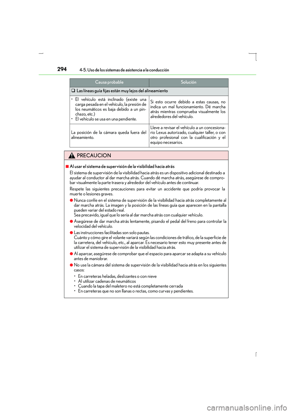 Lexus IS300h 2016  Manual del propietario (in Spanish) 2944-5. Uso de los sistemas de asistencia a la conducción
IS300h_ES(OM53D59S)
�‰Las líneas guía fijas están muy lejos del alineamiento
• El vehículo está inclinado (existe una
carga pesada e