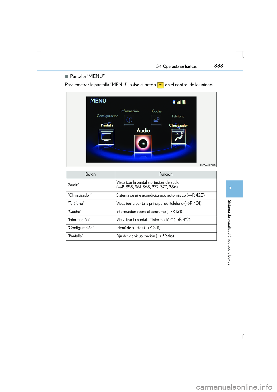 Lexus IS300h 2016 Manual del propietario (in Spanish) 3335-1. Operaciones básicas
5
Sistema de visualización de audio Lexus
IS300h_ES(OM53D59S)■
Pa n t a ll a “ M E N U ”
Para mostrar la pantalla “MENU”, pulse el botón en el control de la Lexus IS300h 2016 Manual del propietario (in Spanish) 3335-1. Operaciones básicas
5
Sistema de visualización de audio Lexus
IS300h_ES(OM53D59S)■
Pa n t a ll a “ M E N U ”
Para mostrar la pantalla “MENU”, pulse el botón en el control de la