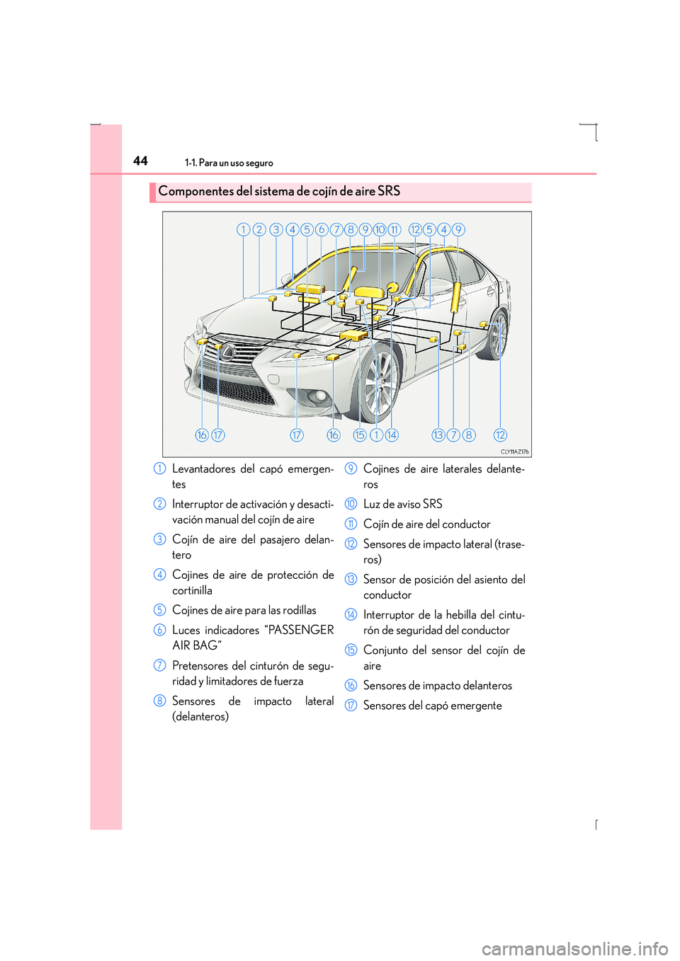 Lexus IS300h 2016  Manual del propietario (in Spanish) 441-1. Para un uso seguro
IS300h_ES(OM53D59S)
Componentes del sistema de cojín de aire SRS
Levantadores del capó emergen-
tes
Interruptor de activación y desacti-
vación manual del cojín de aire
