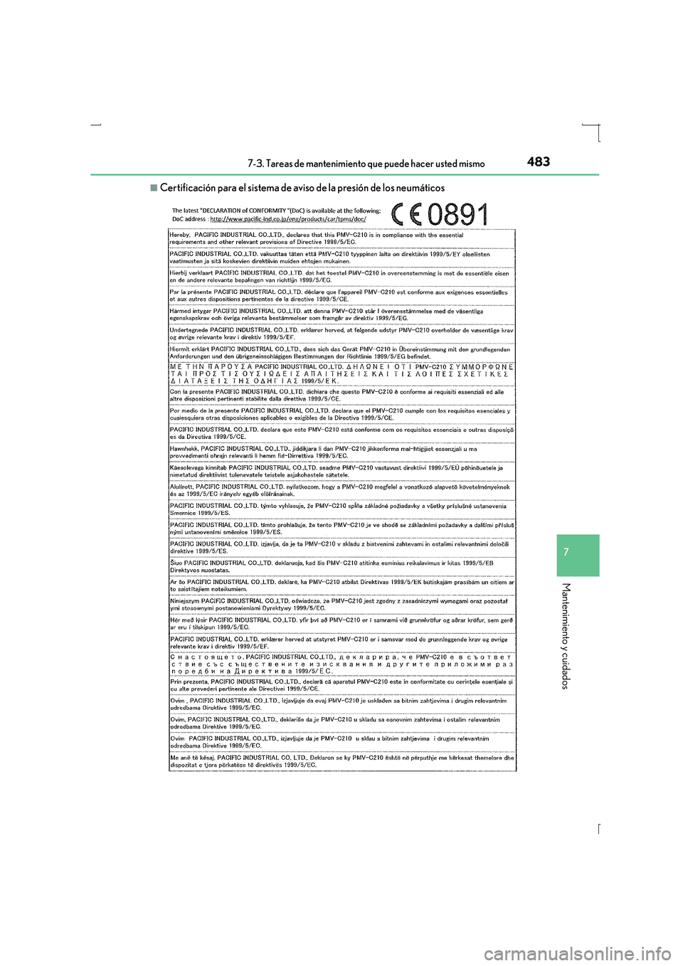 Lexus IS300h 2016 Manual del propietario (in Spanish) 4837-3. Tareas de mantenimiento que puede hacer usted mismo
7
Mantenimiento y cuidados
IS300h_ES(OM53D59S)
■Certificación para el sistema de aviso de la presión de los neumáticos Lexus IS300h 2016 Manual del propietario (in Spanish) 4837-3. Tareas de mantenimiento que puede hacer usted mismo
7
Mantenimiento y cuidados
IS300h_ES(OM53D59S)
■Certificación para el sistema de aviso de la presión de los neumáticos