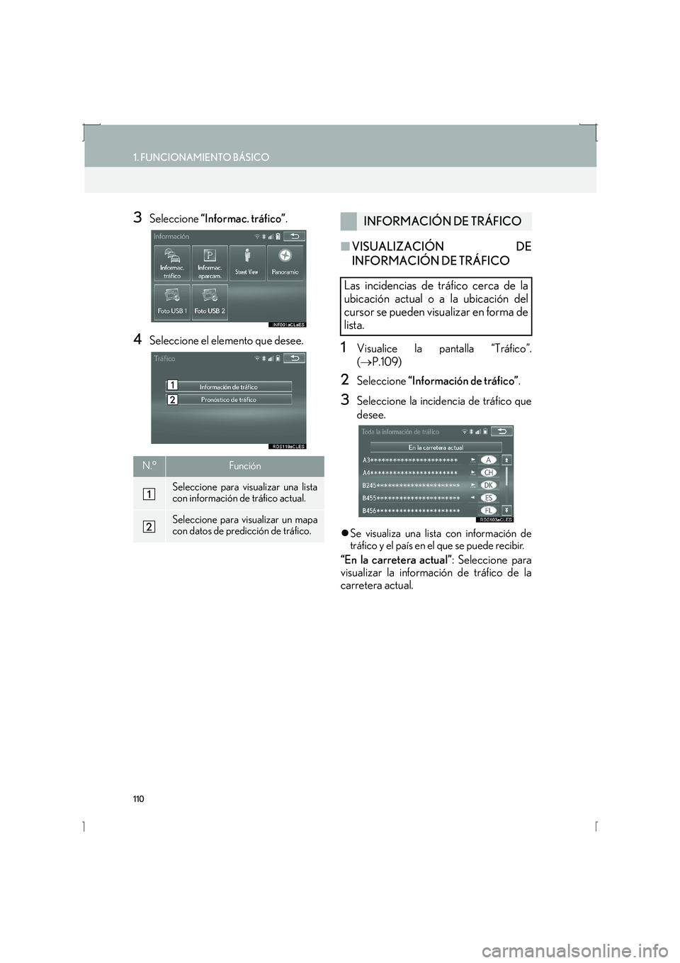 Lexus IS300h 2016  Manual de navegación (in Spanish) 110
1. FUNCIONAMIENTO BÁSICO
IS_Navi_ES
3Seleccione “Informac. tráfico” .
4Seleccione el elemento que desee.
■VISUALIZACIÓN DE
INFORMACIÓN DE TRÁFICO
1Visualice la pantalla “Tráfico”.
