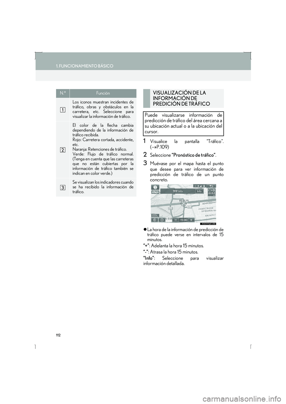 Lexus IS300h 2016  Manual de navegación (in Spanish) 112
1. FUNCIONAMIENTO BÁSICO
IS_Navi_ES
1Visualice la pantalla “Tráfico”.
(→ P.109)
2Seleccione  “Pronóstico de tráfico” .
3Muévase por el mapa hasta el punto
que desee para ver informa