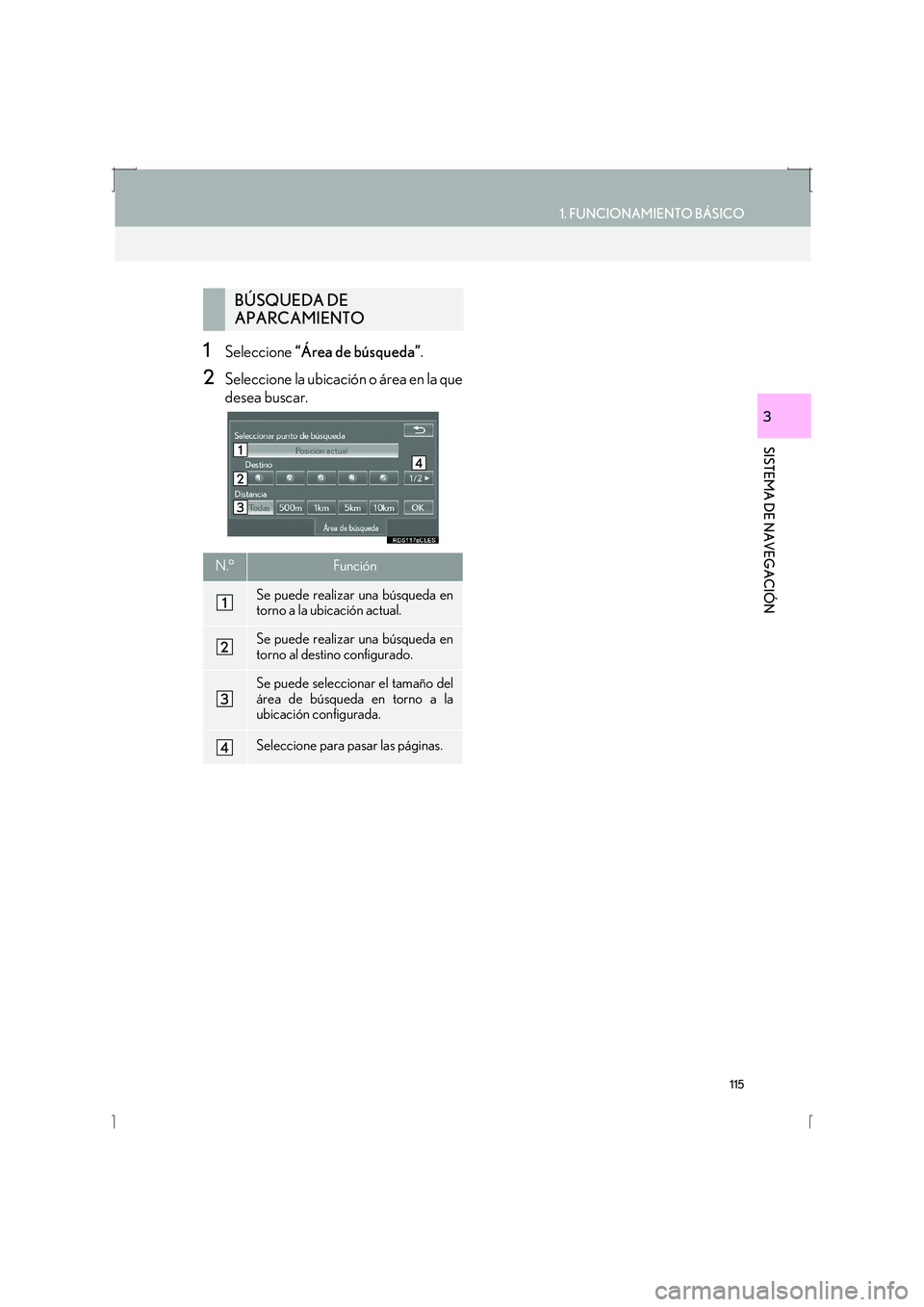 Lexus IS300h 2016  Manual de navegación (in Spanish) 115
1. FUNCIONAMIENTO BÁSICO
IS_Navi_ES
SISTEMA DE NAVEGACIÓN
3
1Seleccione “Área de búsqueda” .
2Seleccione la ubicación o área en la que
desea buscar.
BÚSQUEDA DE 
APARCAMIENTO
N.°Funci