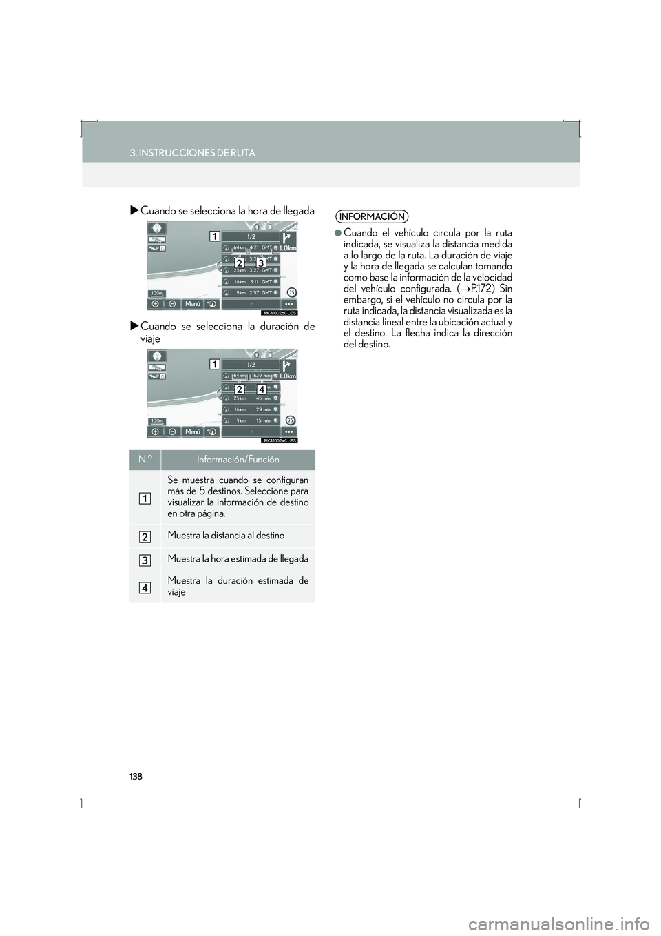 Lexus IS300h 2016  Manual de navegación (in Spanish) 138
3. INSTRUCCIONES DE RUTA
IS_Navi_ES
�XCuando se selecciona la hora de llegada
�X Cuando se selecciona la duración de
viaje
N.°Información/Función
Se muestra cuando se configuran
más de 5 dest
