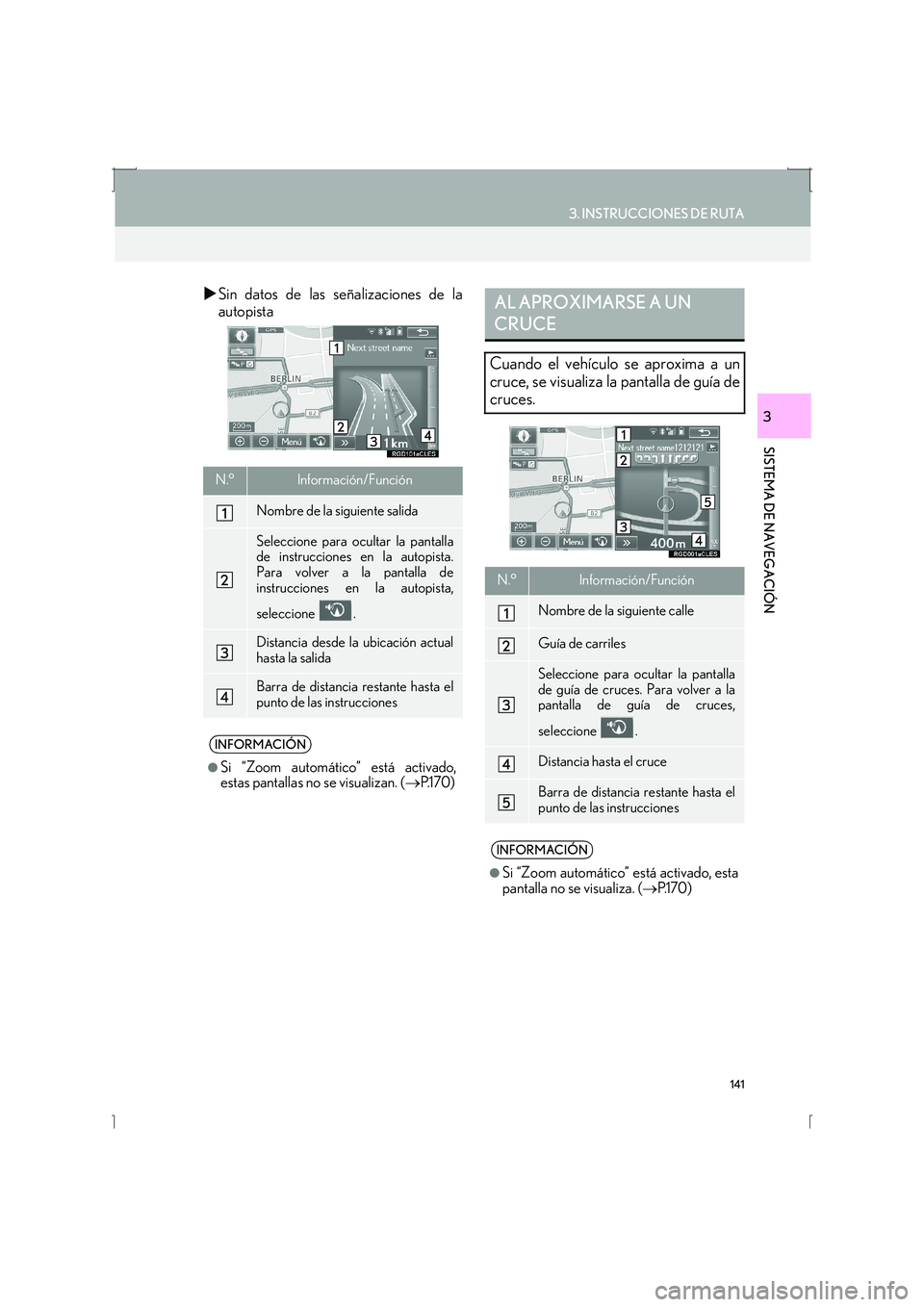 Lexus IS300h 2016  Manual de navegación (in Spanish) 141
3. INSTRUCCIONES DE RUTA
IS_Navi_ES
SISTEMA DE NAVEGACIÓN
3
�XSin datos de las señalizaciones de la
autopista
N.°Información/Función
Nombre de la siguiente salida
Seleccione para ocultar la p