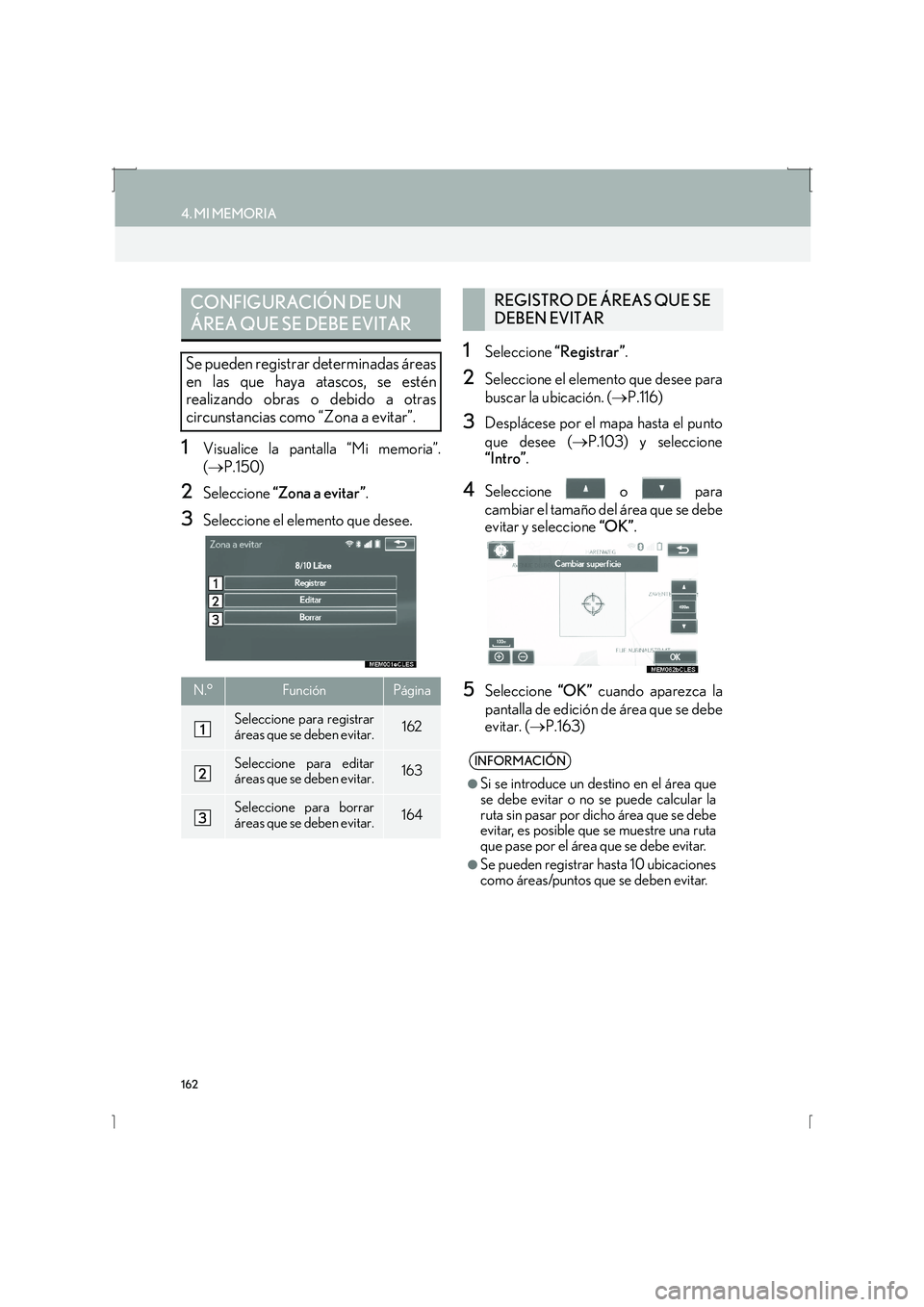 Lexus IS300h 2016 Manual de navegación (in Spanish) 162
4. MI MEMORIA
IS_Navi_ES
1Visualice la pantalla “Mi memoria”.
(→ P.150)
2Seleccione “Zona a evitar” .
3Seleccione el elemento que desee.
1Seleccione “Registrar” .
2Seleccione el ele Lexus IS300h 2016 Manual de navegación (in Spanish) 162
4. MI MEMORIA
IS_Navi_ES
1Visualice la pantalla “Mi memoria”.
(→ P.150)
2Seleccione “Zona a evitar” .
3Seleccione el elemento que desee.
1Seleccione “Registrar” .
2Seleccione el ele