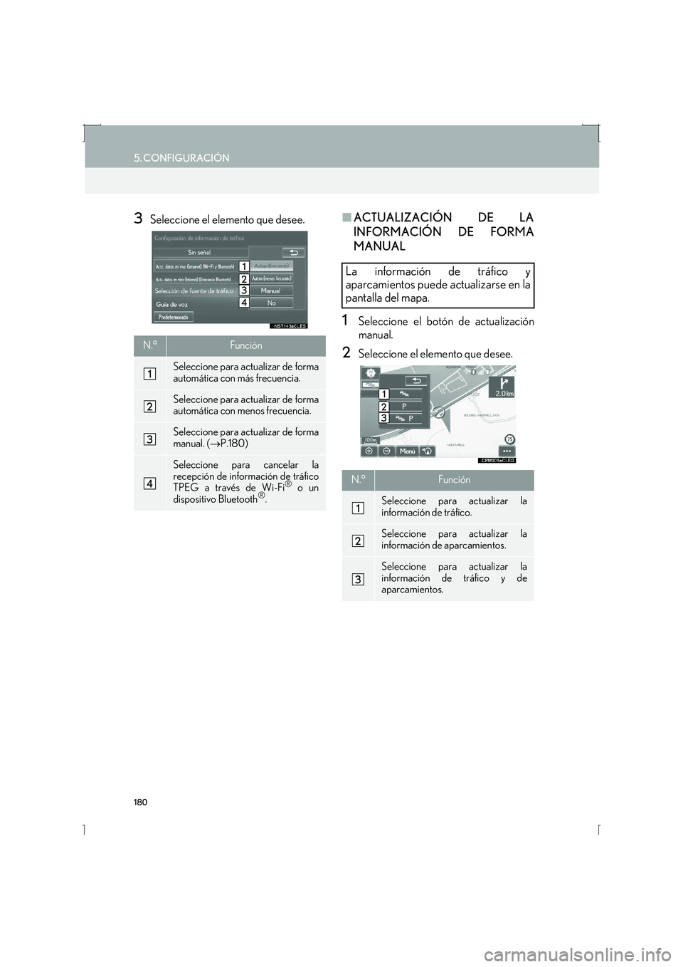 Lexus IS300h 2016  Manual de navegación (in Spanish) 180
5. CONFIGURACIÓN
IS_Navi_ES
3Seleccione el elemento que desee.■ACTUALIZACIÓN DE LA
INFORMACIÓN DE FORMA
MANUAL
1Seleccione el botón de actualización
manual.
2Seleccione el elemento que dese