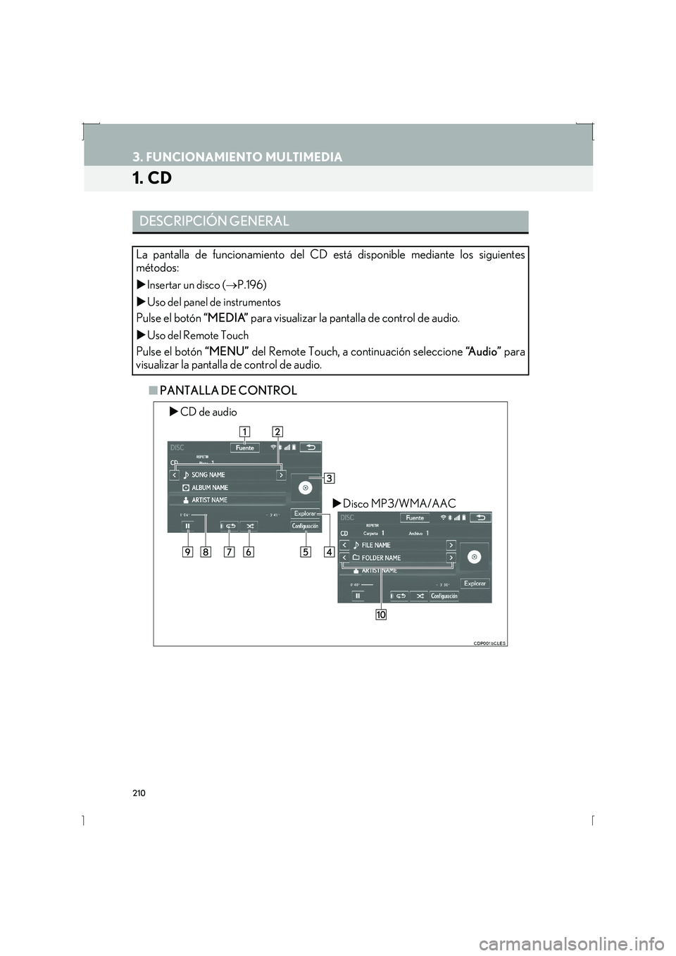 Lexus IS300h 2016  Manual de navegación (in Spanish) 210
IS_Navi_ES
3. FUNCIONAMIENTO MULTIMEDIA
1. CD
■PANTALLA DE CONTROL
DESCRIPCIÓN GENERAL
La pantalla de funcionamiento del CD está disponible mediante los siguientes
métodos: 
�X Insertar un di