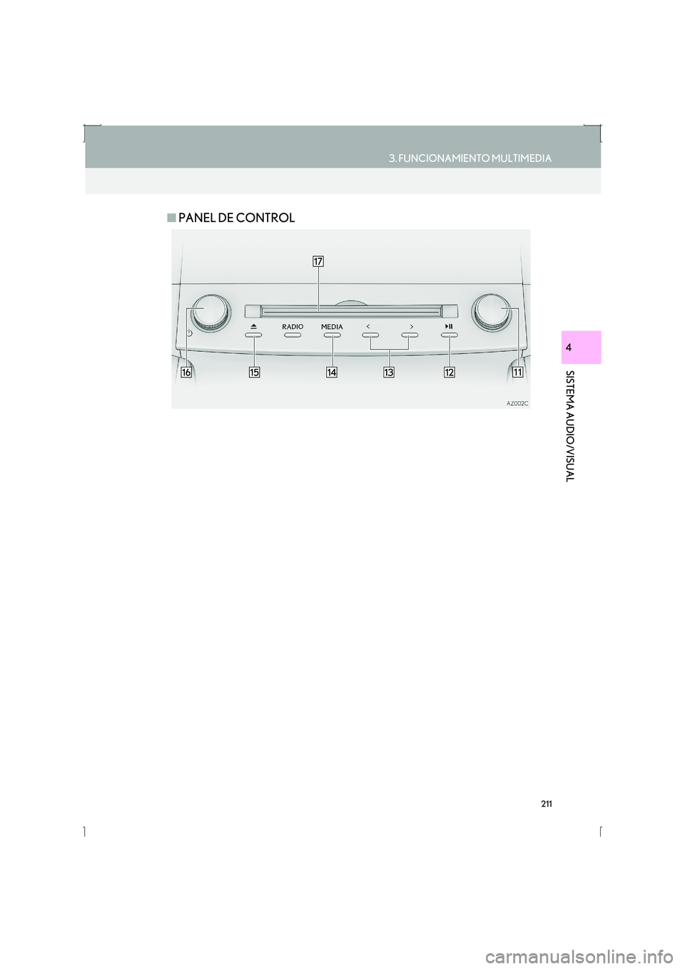 Lexus IS300h 2016  Manual de navegación (in Spanish) 211
3. FUNCIONAMIENTO MULTIMEDIA
IS_Navi_ES
SISTEMA AUDIO/VISUAL
4
■PANEL DE CONTROL 