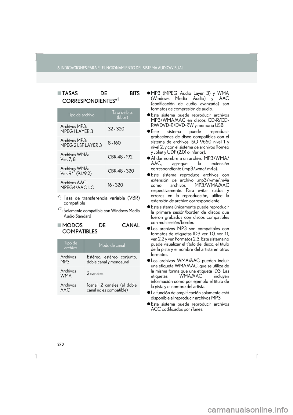 Lexus IS300h 2016  Manual de navegación (in Spanish) 270
6. INDICACIONES PARA EL FUNCIONAMIENTO DEL SISTEMA AUDIO/VISUAL
IS_Navi_ES
■TASAS DE BITS
CORRESPONDIENTES*
1
*1:Tasa de transferencia variable (VBR)
compatible
*
2:Solamente compatible con Wind