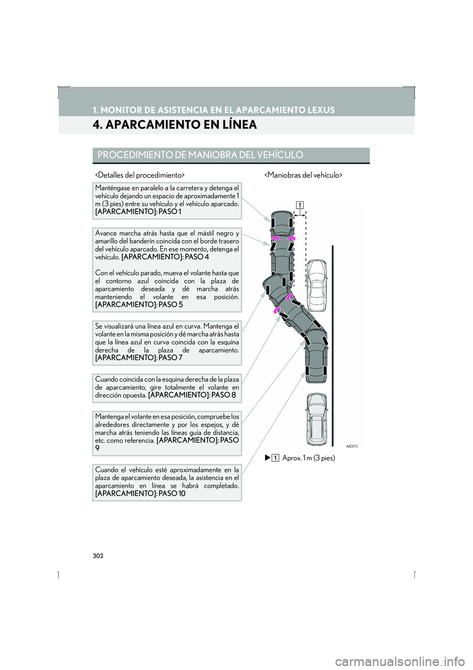 Lexus IS300h 2016  Manual de navegación (in Spanish) 302
1. MONITOR DE ASISTENCIA EN EL APARCAMIENTO LEXUS
IS_Navi_ES
4. APARCAMIENTO EN LÍNEA
PROCEDIMIENTO DE MANIOBRA DEL VEHÍCULO
<Detalles del procedimiento> <Maniobras del vehículo>
Manténgase en