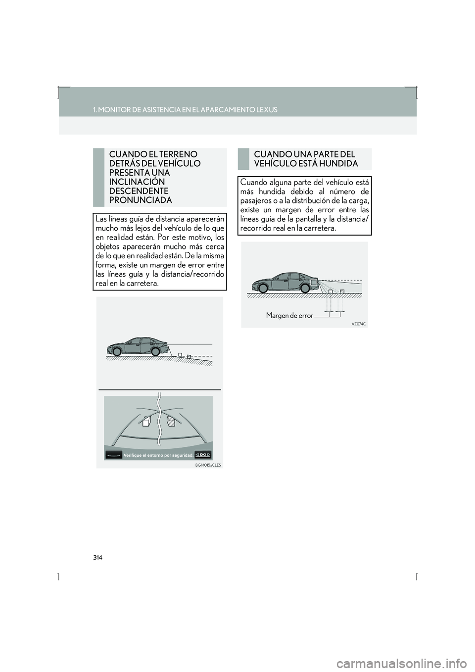 Lexus IS300h 2016  Manual de navegación (in Spanish) 314
1. MONITOR DE ASISTENCIA EN EL APARCAMIENTO LEXUS
IS_Navi_ES
CUANDO EL TERRENO 
DETRÁS DEL VEHÍCULO 
PRESENTA UNA 
INCLINACIÓN 
DESCENDENTE 
PRONUNCIADA
Las líneas guía de distancia aparecer