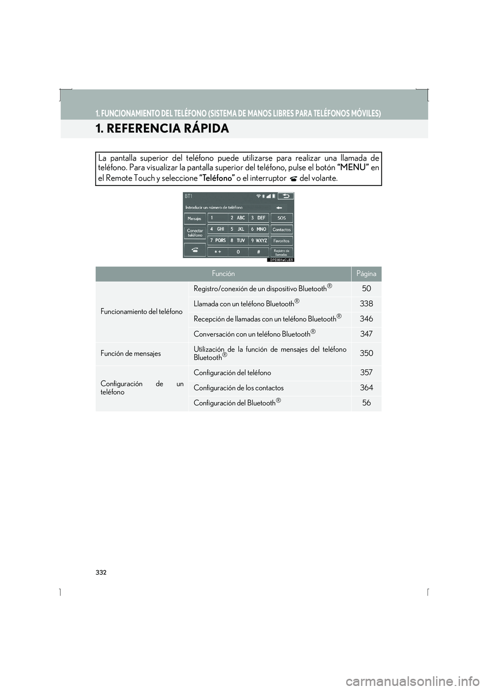 Lexus IS300h 2016 Manual de navegación (in Spanish) 332
IS_Navi_ES
1. FUNCIONAMIENTO DEL TELÉFONO (SISTEMA DE MANOS LIBRES PARA TELÉFONOS MÓVILES)
1. REFERENCIA RÁPIDA
La pantalla superior del teléfono puede utilizarse para realizar una llamada de Lexus IS300h 2016 Manual de navegación (in Spanish) 332
IS_Navi_ES
1. FUNCIONAMIENTO DEL TELÉFONO (SISTEMA DE MANOS LIBRES PARA TELÉFONOS MÓVILES)
1. REFERENCIA RÁPIDA
La pantalla superior del teléfono puede utilizarse para realizar una llamada de