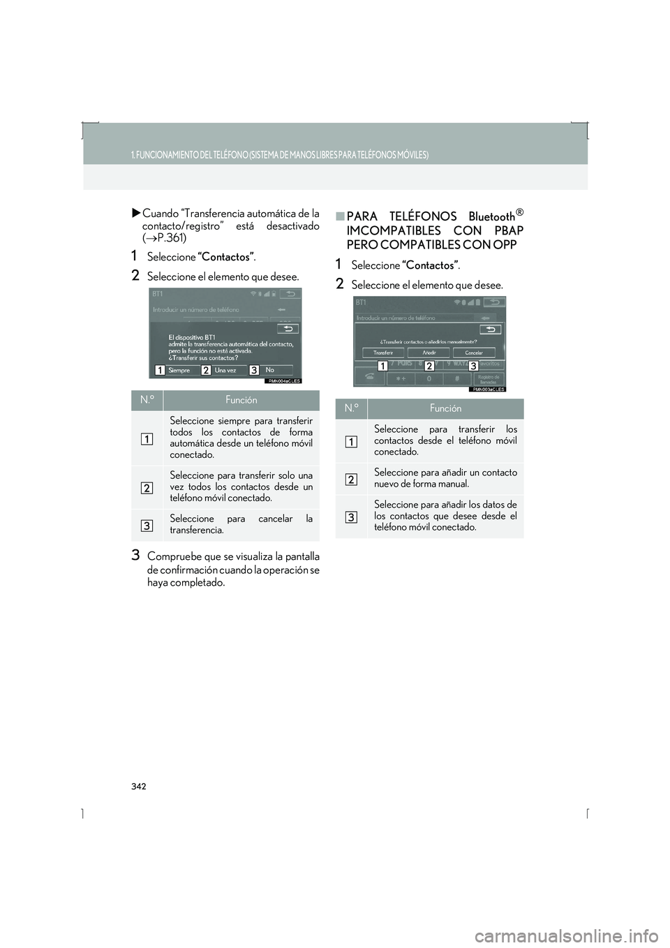 Lexus IS300h 2016  Manual de navegación (in Spanish) 342
1. FUNCIONAMIENTO DEL TELÉFONO (SISTEMA DE MANOS LIBRES PARA TELÉFONOS MÓVILES)
IS_Navi_ES
�XCuando “Transferencia automática de la
contacto/registro” está desactivado
(→ P.361)
1Selecc